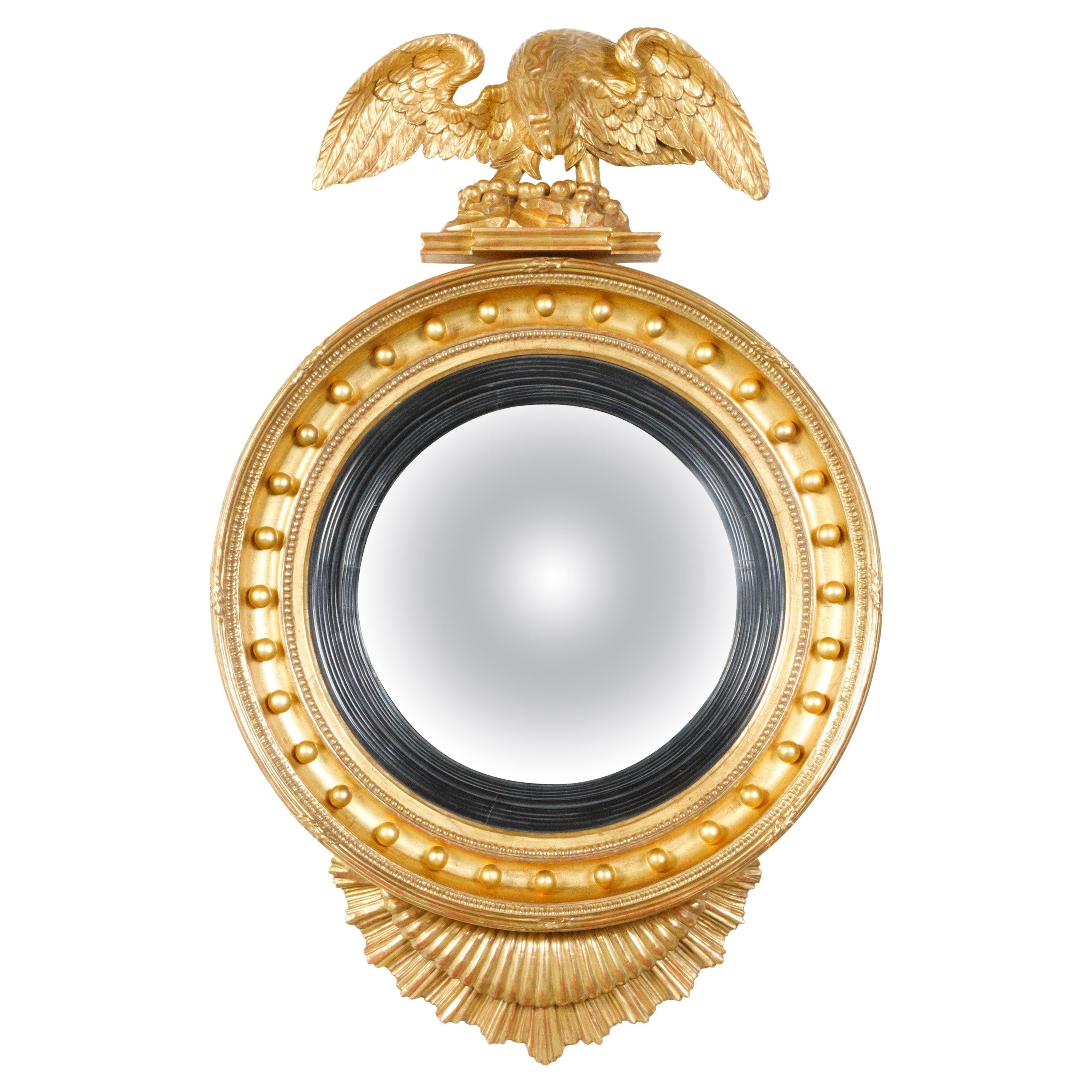 English 19th Century Giltwood Convex Girandole Bullseye Mirror with Eagle Motif