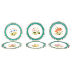 English 19th Century Green and White Porcelain Floral Plates with Gilt Motifs