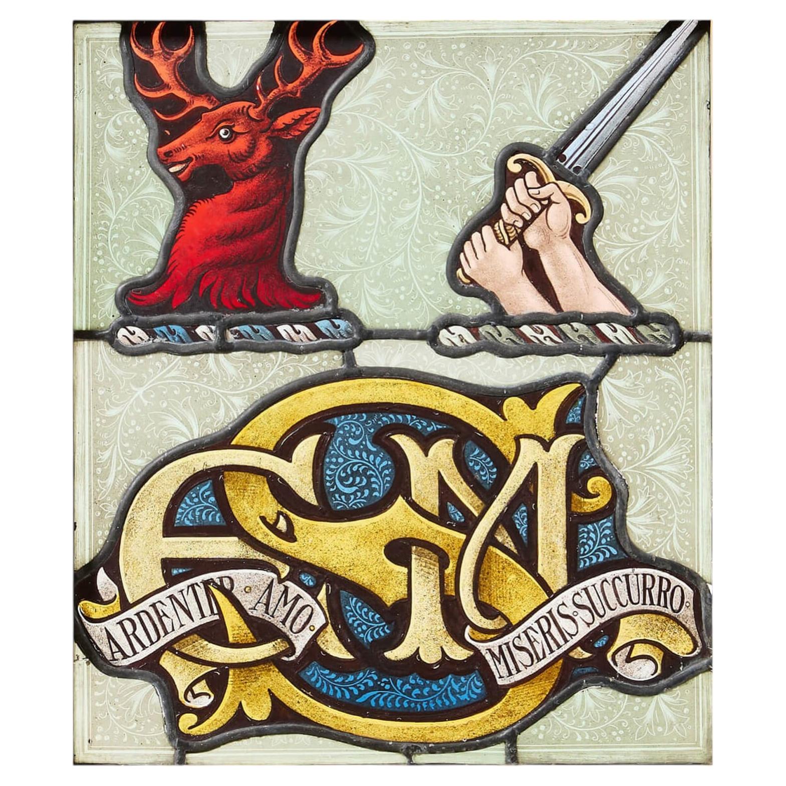 English 19th Century Heraldic Stained Glass Panel For Sale