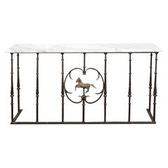 Antique English 19th Century Iron Console Table with White Marble Top and Bronze Horse