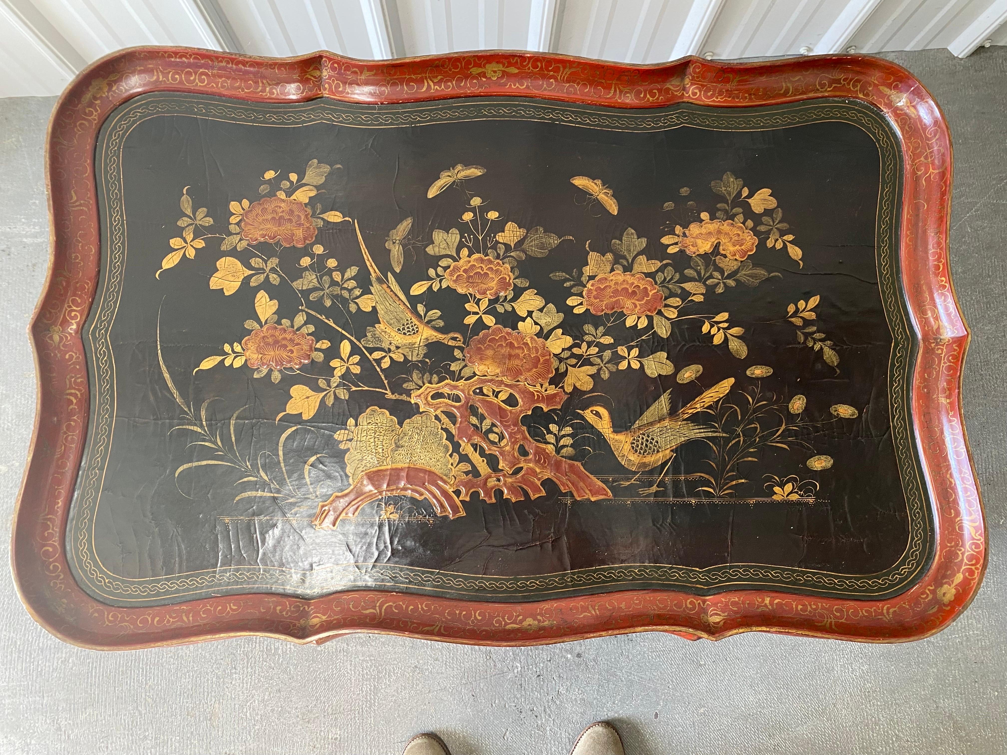 English 19th Century Lacquer Tray on Later Stand, Sourced by David Easton In Good Condition For Sale In Southampton, NY
