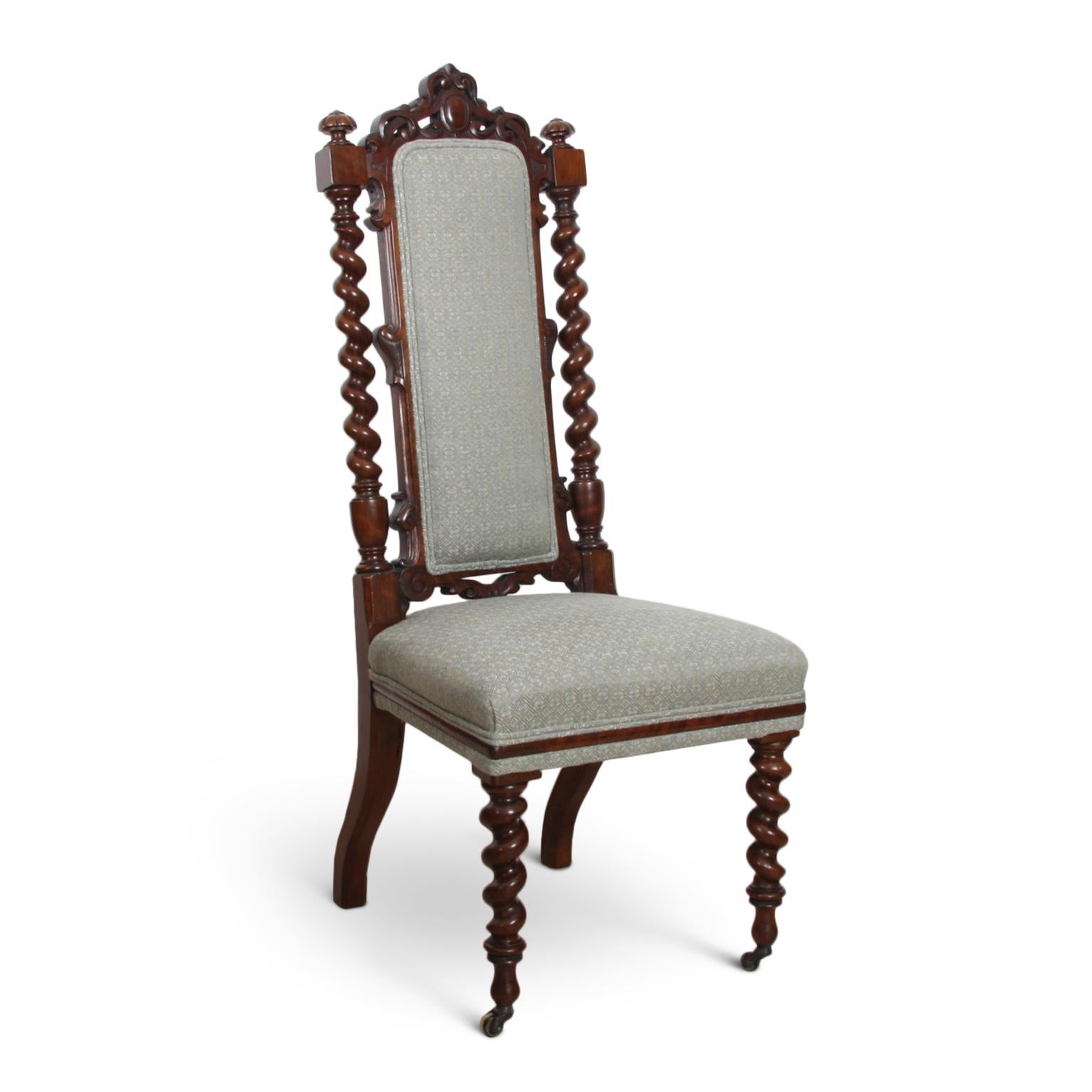 A fantastic hall chair by Lamb of Manchester with mahogany barley twist legs and reupholstered Mark Alexander linen. This chair dates back to Victorian England and retains the original maker's stamp.