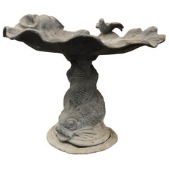 Antique English 19th Century Lead Clamshell Birdbath with Dauphin Base