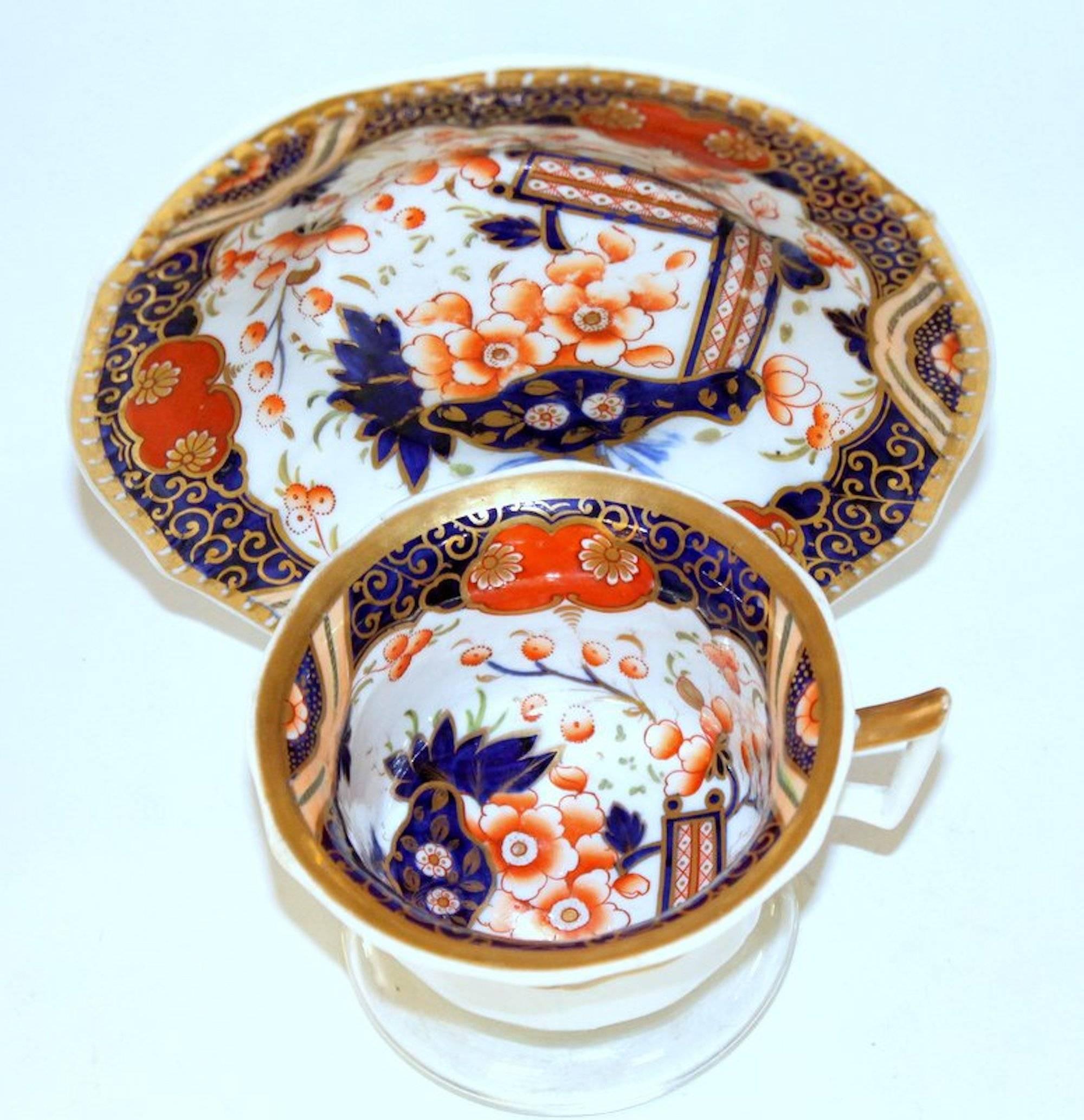Fabulous antique English Machin and Baggaley porcelain hand-painted Imari cup and saucer

Attributed to maker Machin and Baggaley 
Burslem, Staffordshire 
As illustrated on pg. 122 of Berthoud 