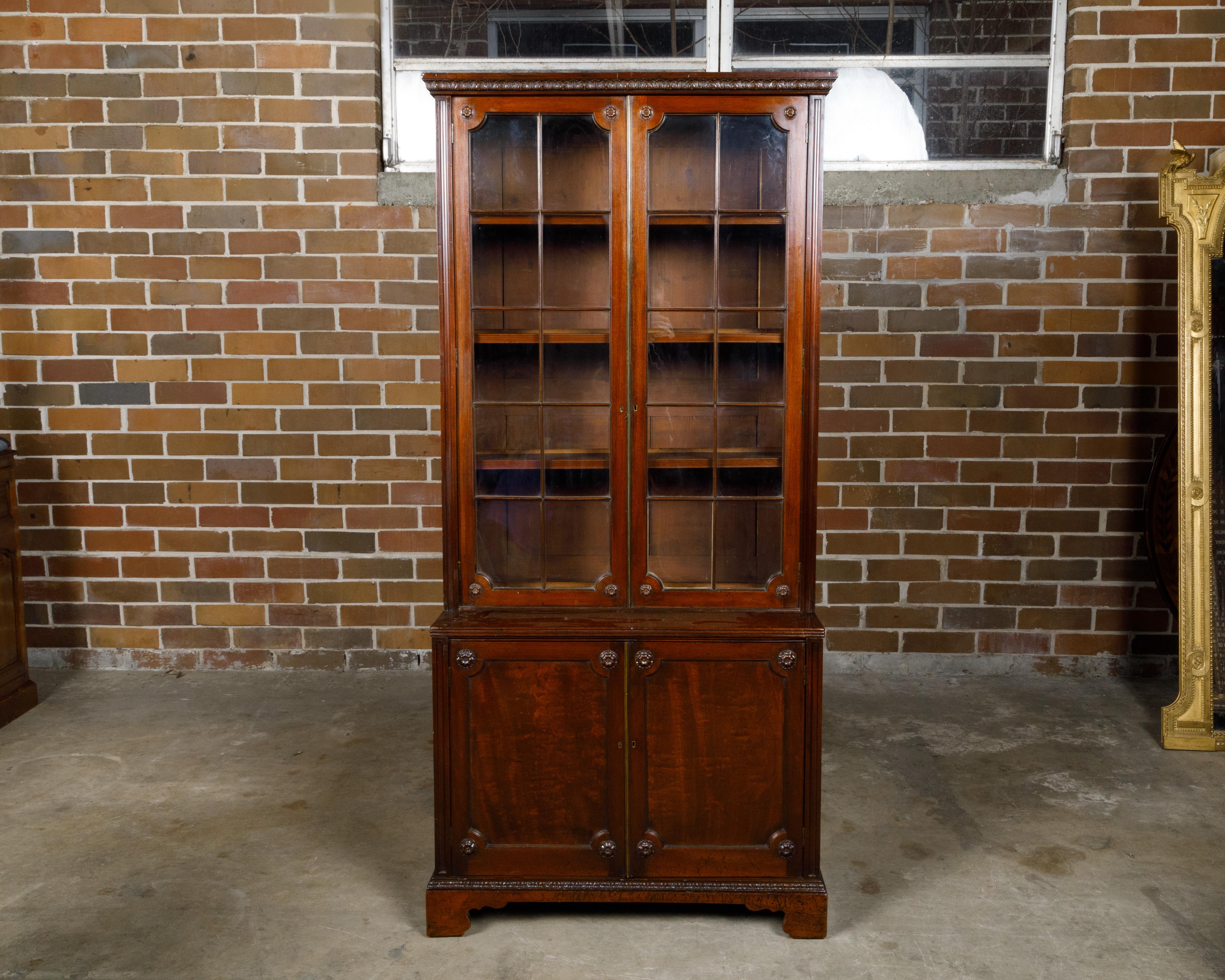 English 19th Century Mahogany Bookcase with Glass Doors and Carved Rosettes For Sale 12