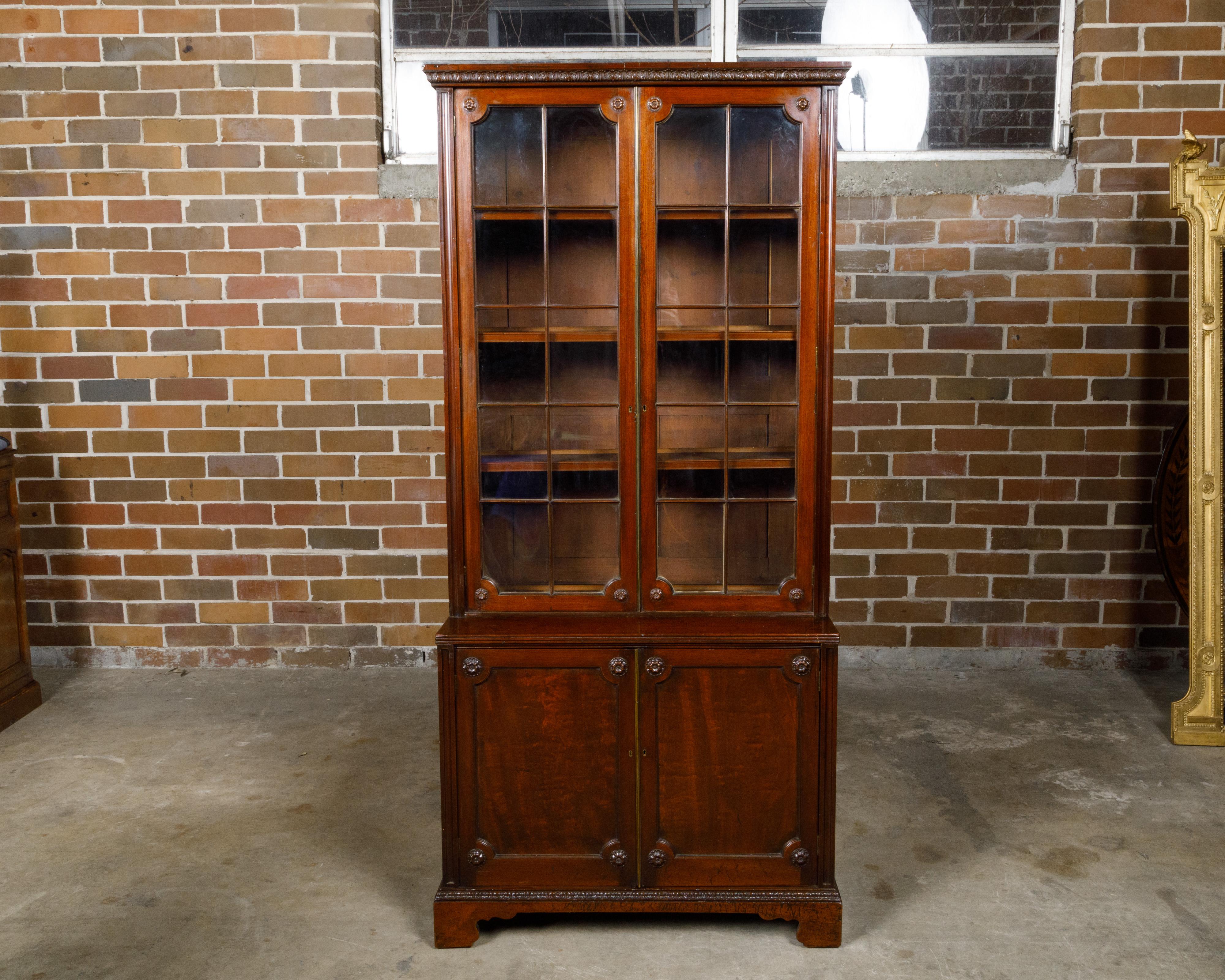 English 19th Century Mahogany Bookcase with Glass Doors and Carved Rosettes For Sale 6
