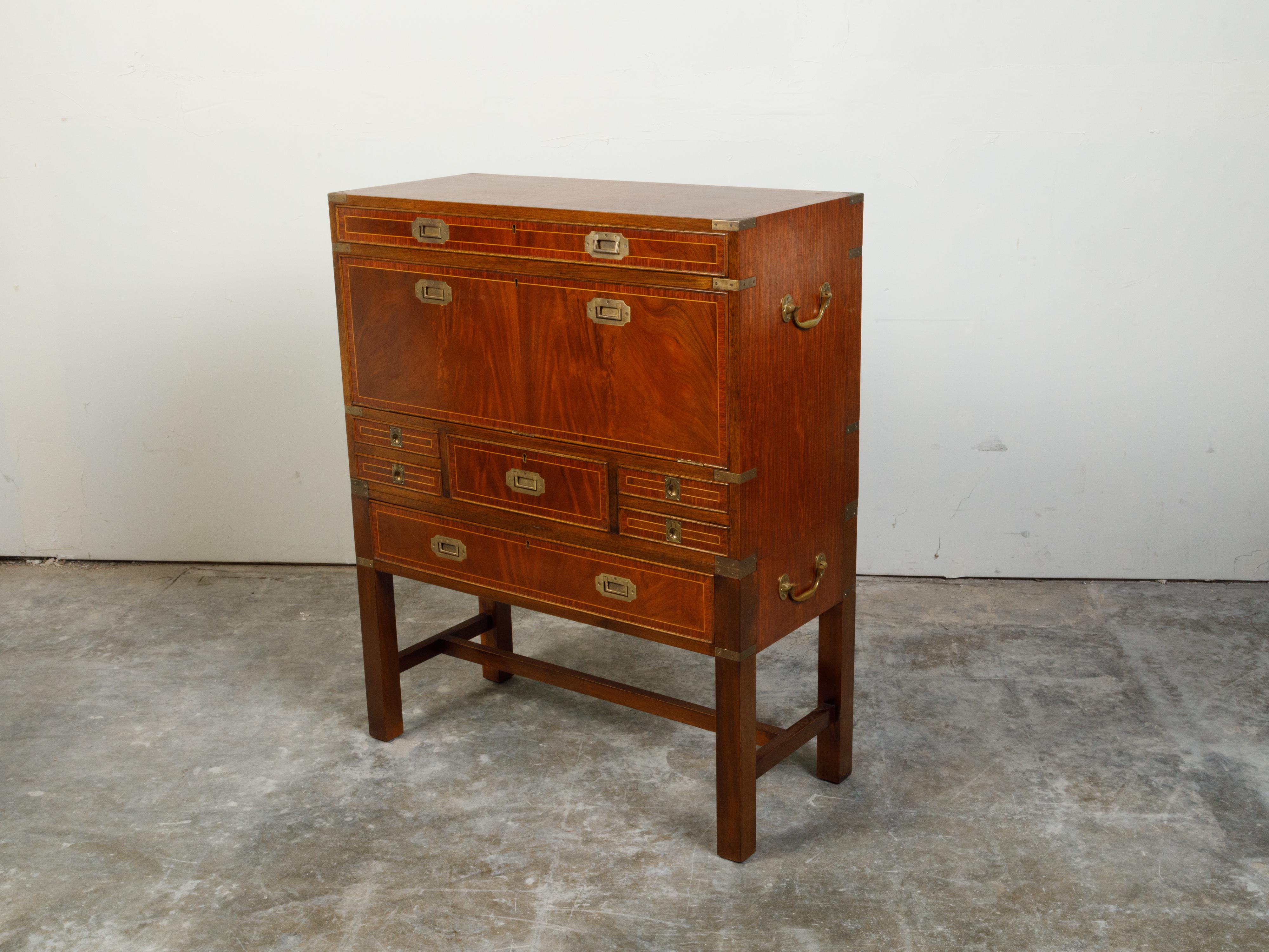 Veneer English 19th Century Mahogany Campaign Drop-Front Desk with Multiple Drawers