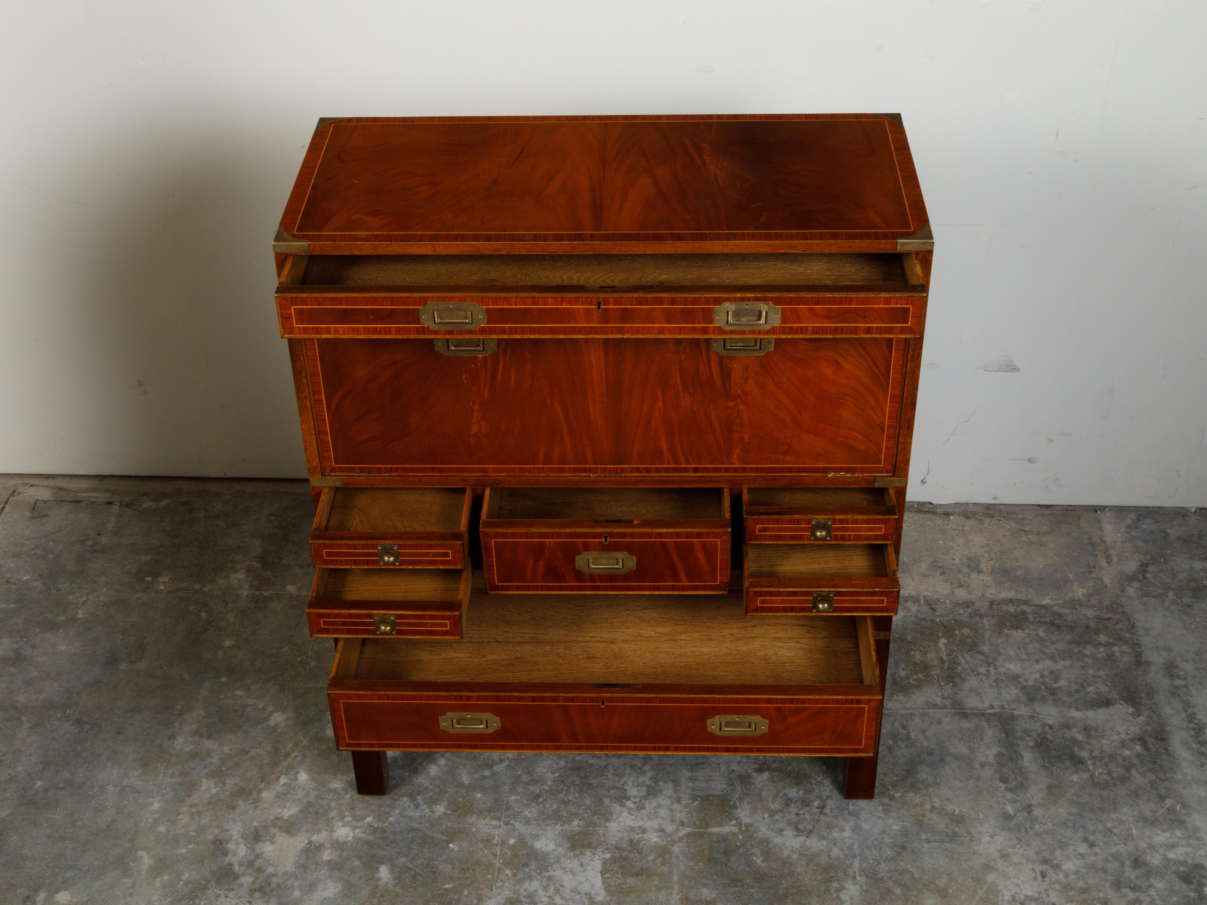 English 19th Century Mahogany Campaign Drop-Front Desk with Multiple Drawers 1