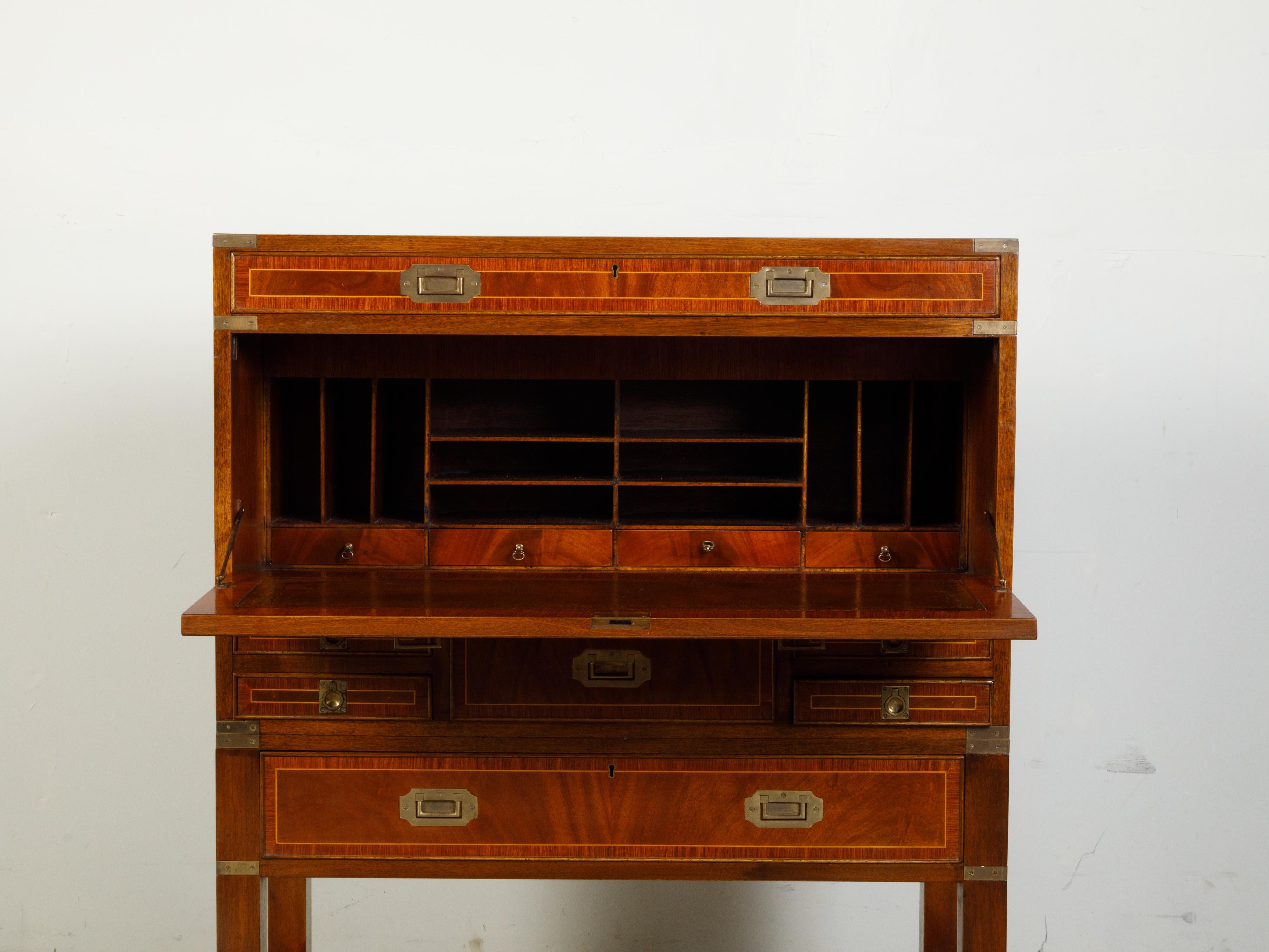 English 19th Century Mahogany Campaign Drop-Front Desk with Multiple Drawers 3