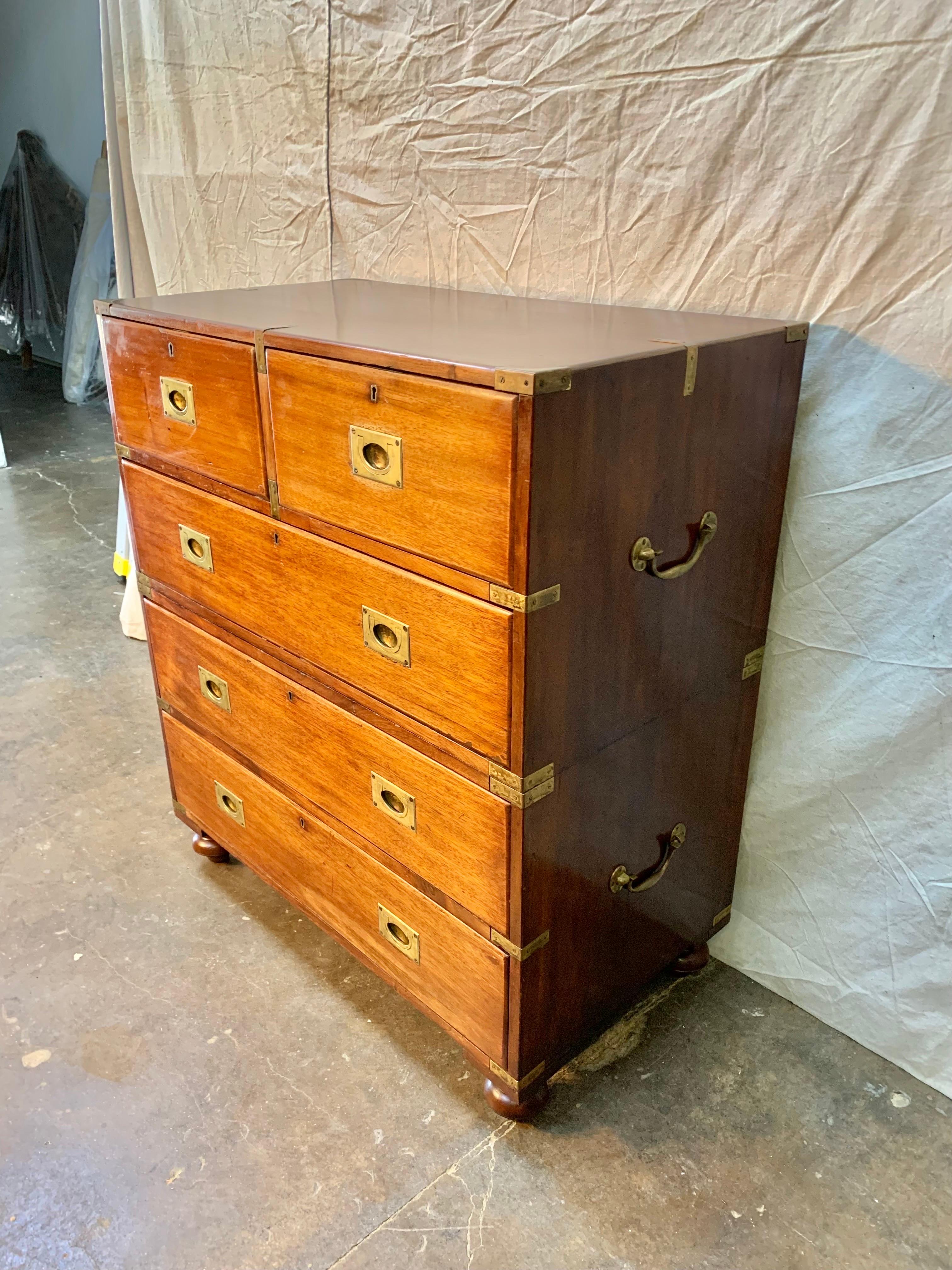Brass  English 19th Century Mahogany Campaign Chest of Drawers. For Sale