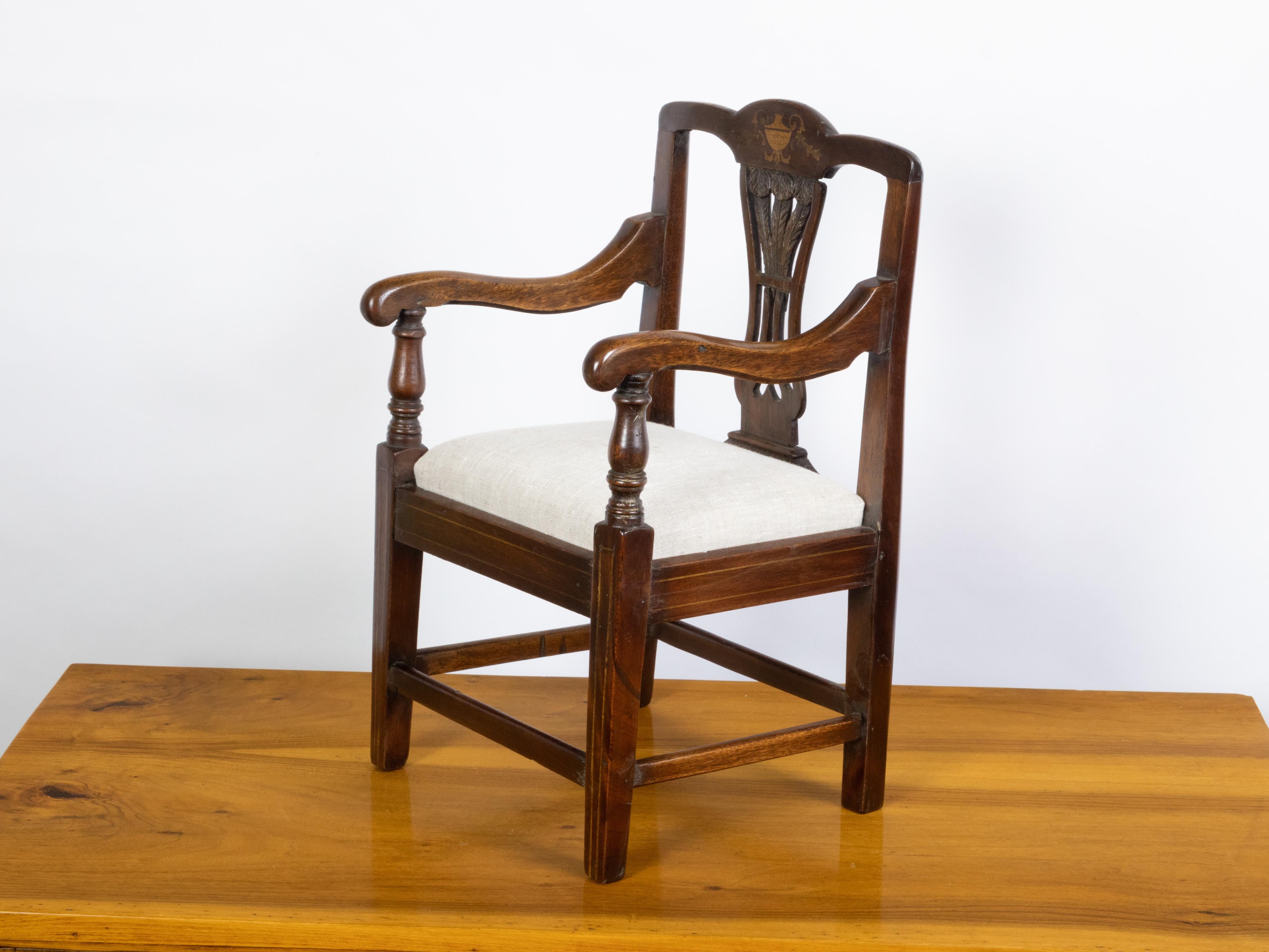 Carved English 19th Century Mahogany Child's Chair with Feather Motifs and Marquetry For Sale