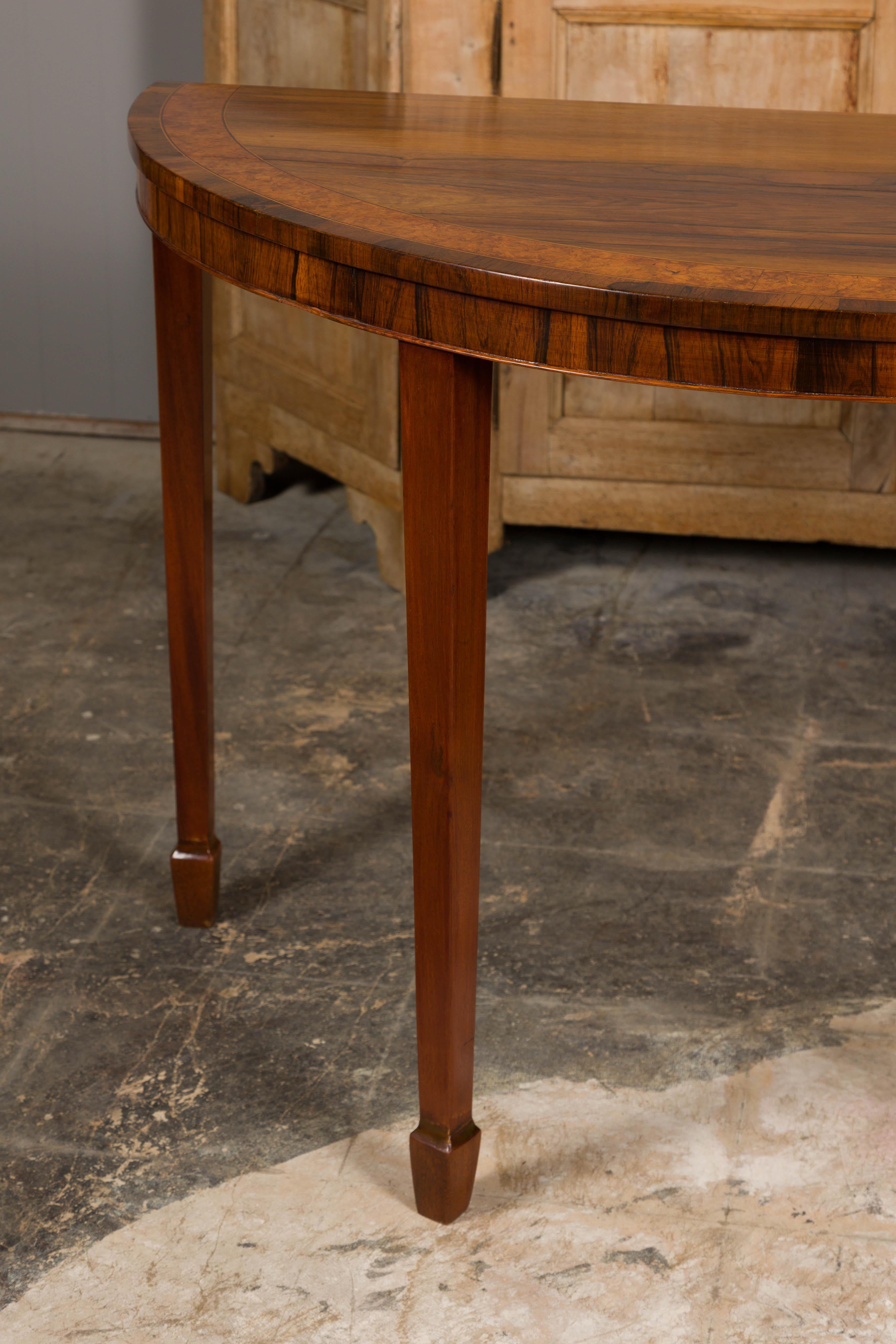 English 19th Century Mahogany Demilune Console Tables with Tapered Legs, a Pair For Sale 7