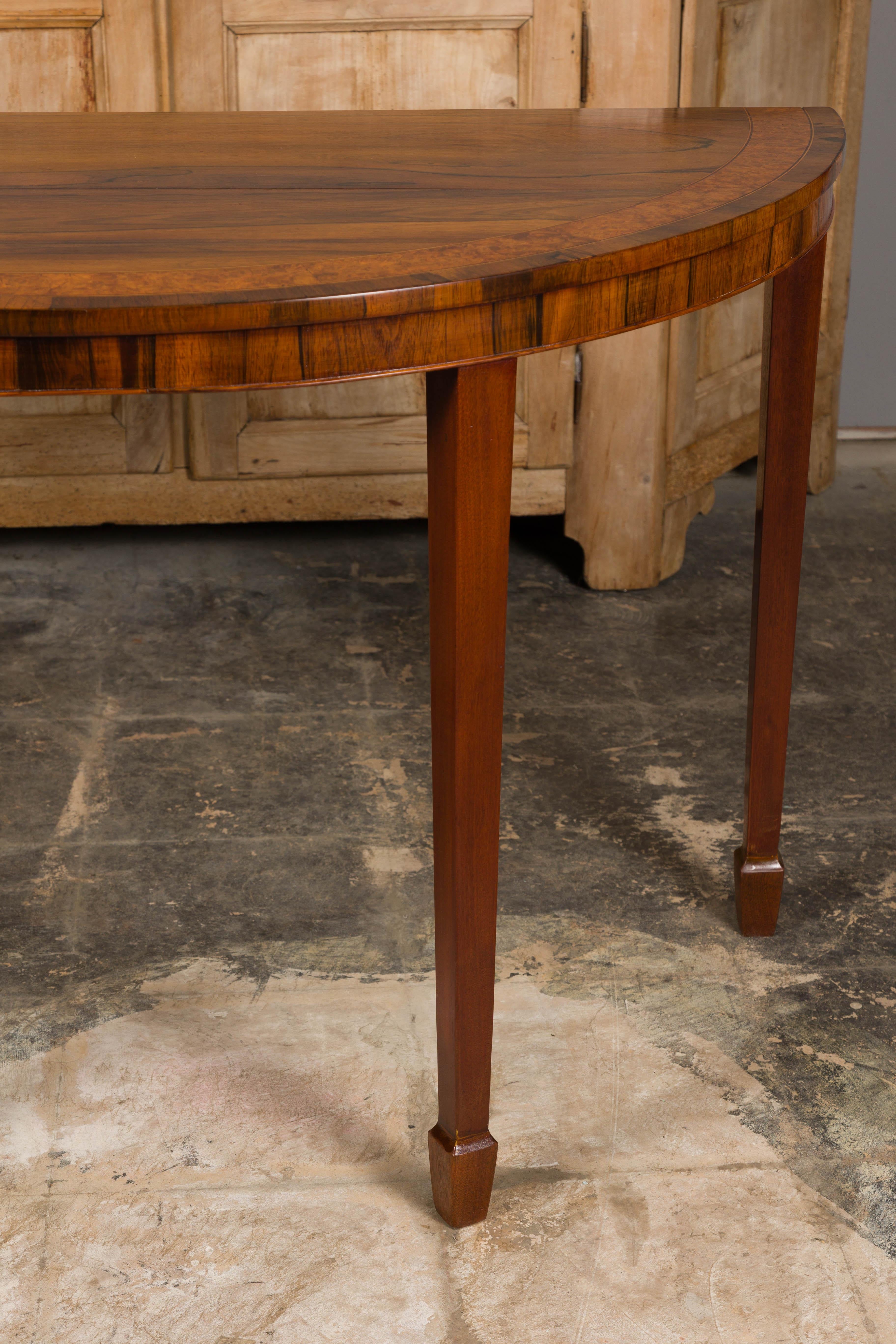 English 19th Century Mahogany Demilune Console Tables with Tapered Legs, a Pair For Sale 8