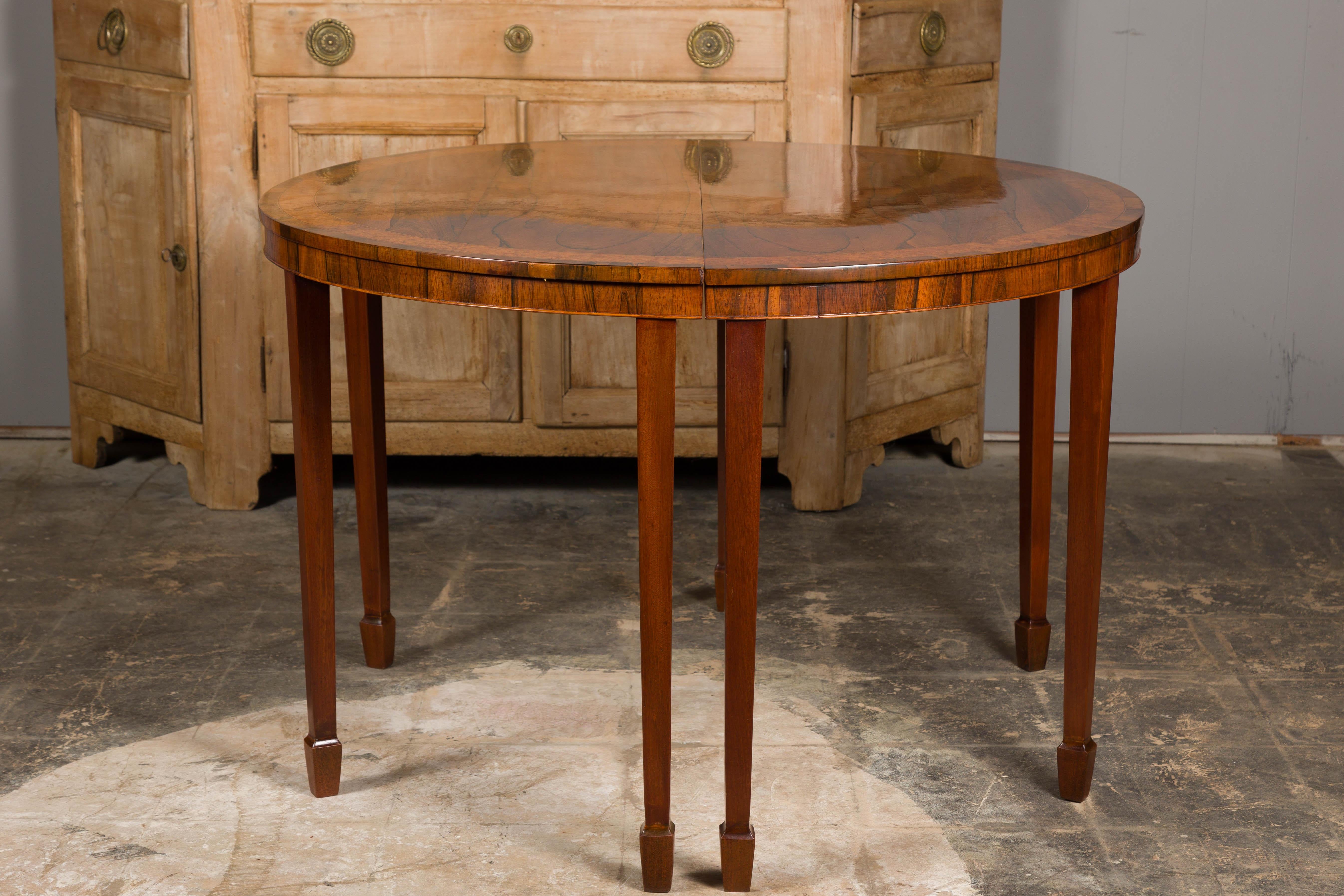 English 19th Century Mahogany Demilune Console Tables with Tapered Legs, a Pair For Sale 10