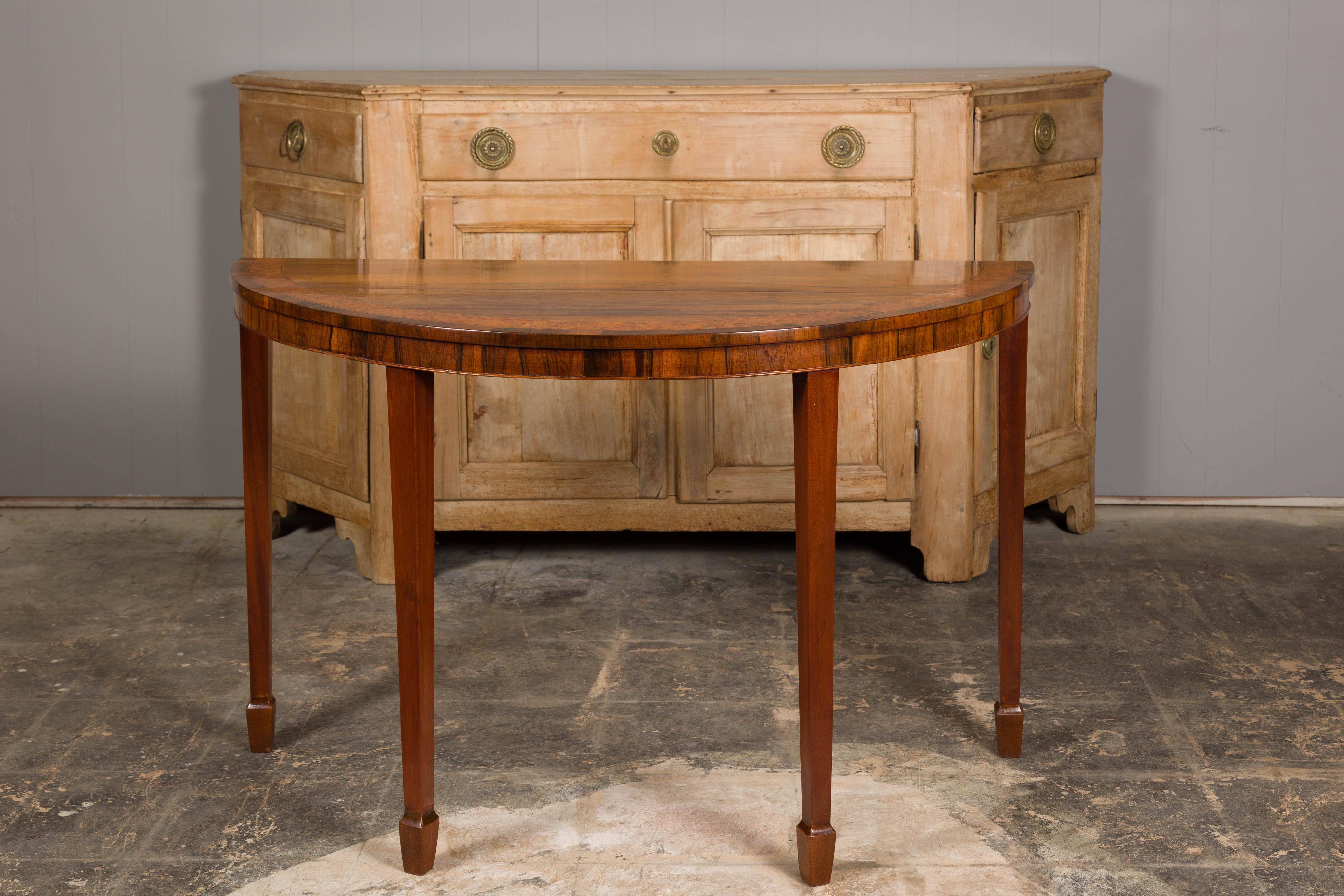 English 19th Century Mahogany Demilune Console Tables with Tapered Legs, a Pair For Sale 1