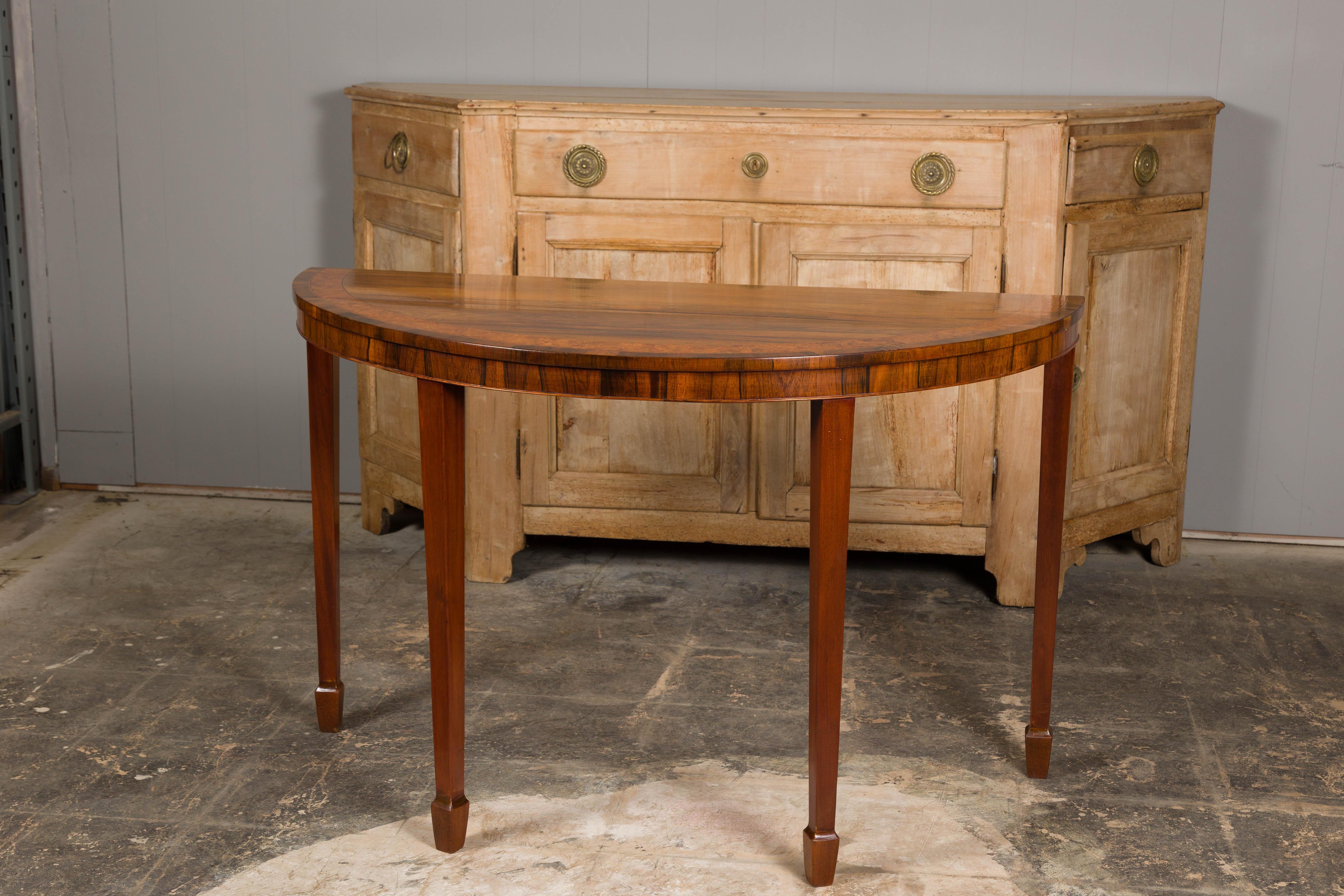 English 19th Century Mahogany Demilune Console Tables with Tapered Legs, a Pair For Sale 2