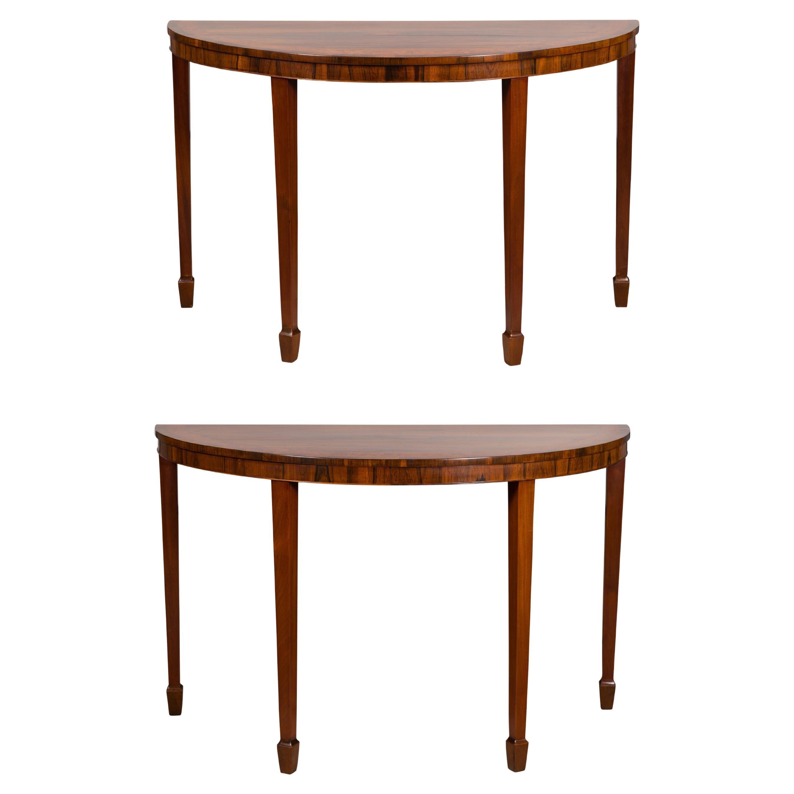 English 19th Century Mahogany Demilune Console Tables with Tapered Legs, a Pair