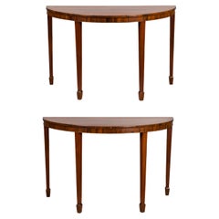 Antique English 19th Century Mahogany Demilune Console Tables with Tapered Legs, a Pair