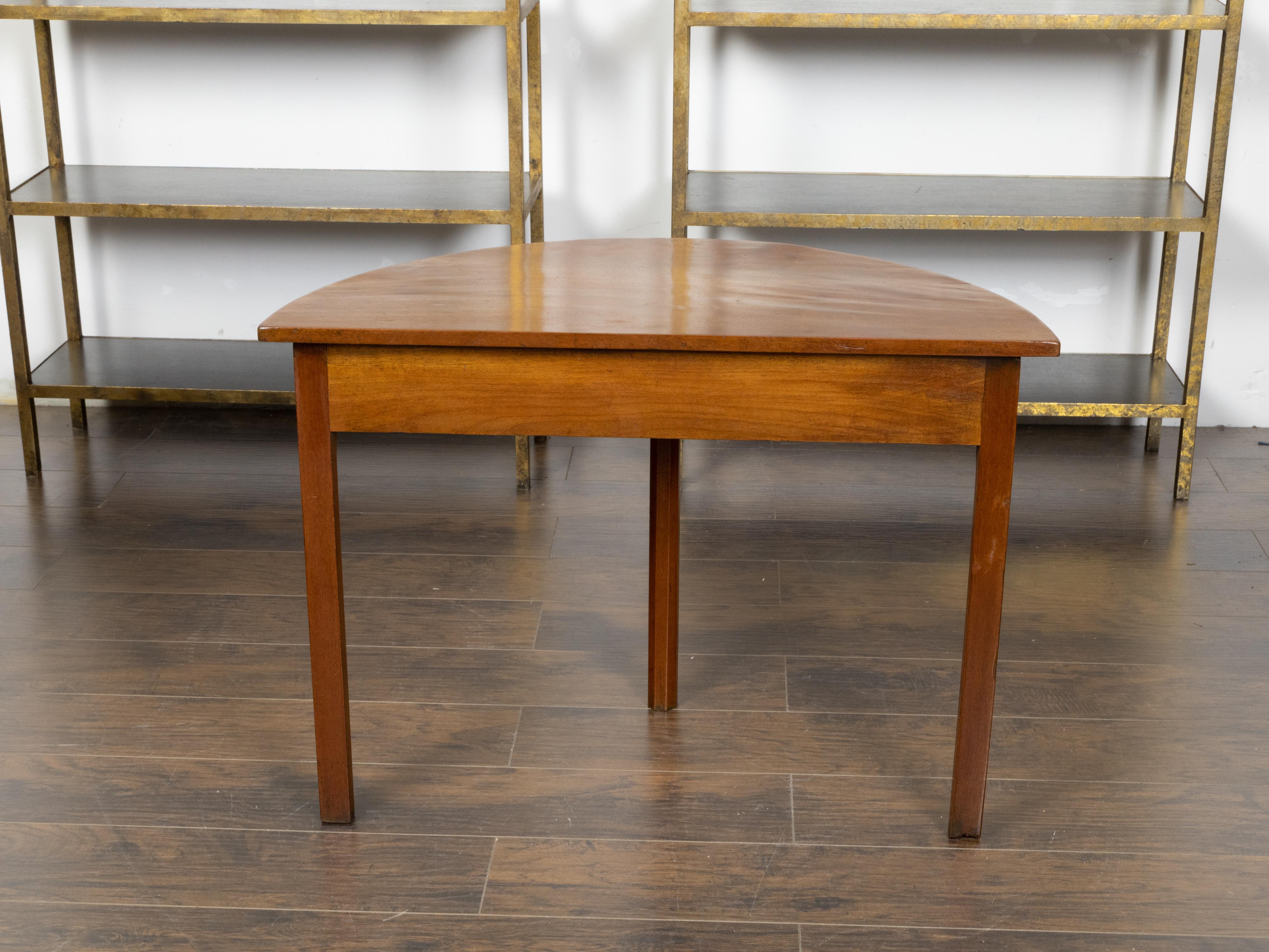 English 19th Century Mahogany Demilune Table with Carved Apron and Straight Legs For Sale 1