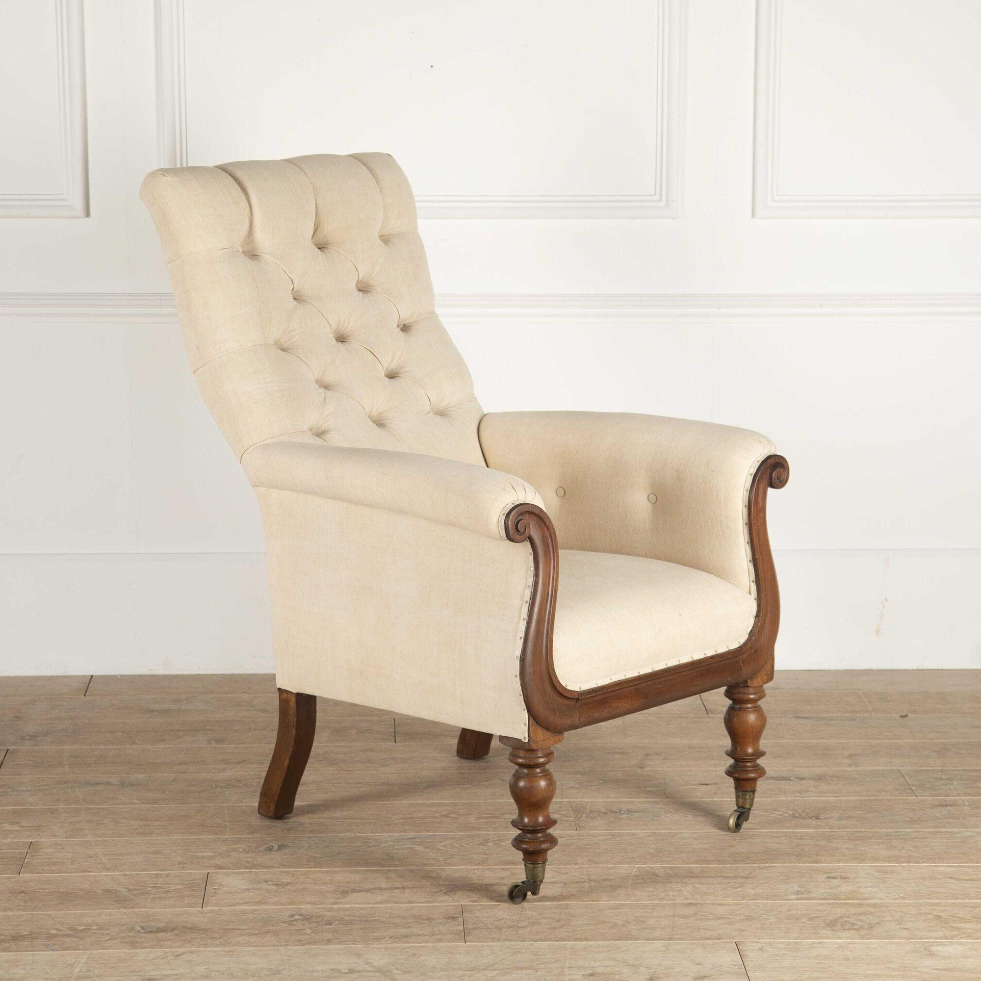 Linen English 19th Century Mahogany Library Armchair For Sale