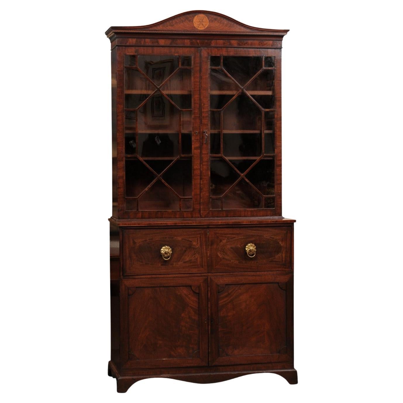 English 19th Century Mahogany Secretary with Arched Pediment with Inlay