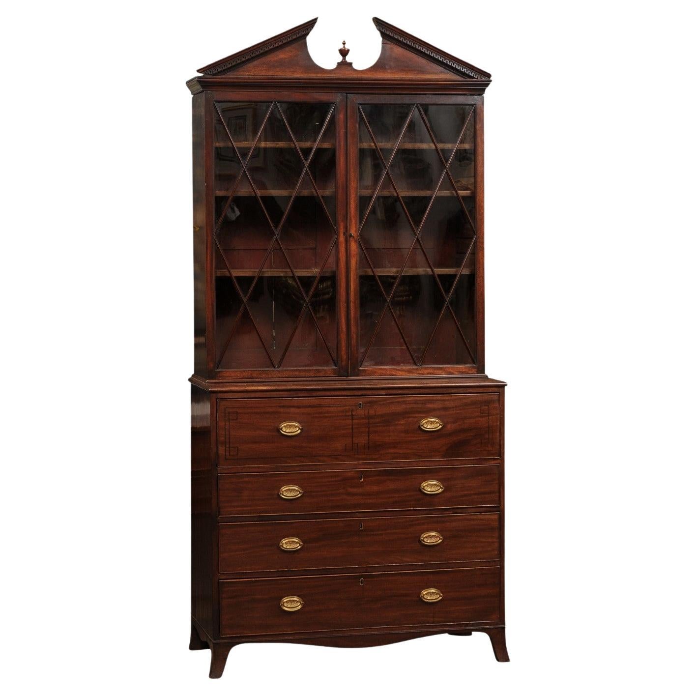 English 19th Century Mahogany Secretary with Broken Pediment, Ebonized Inlay