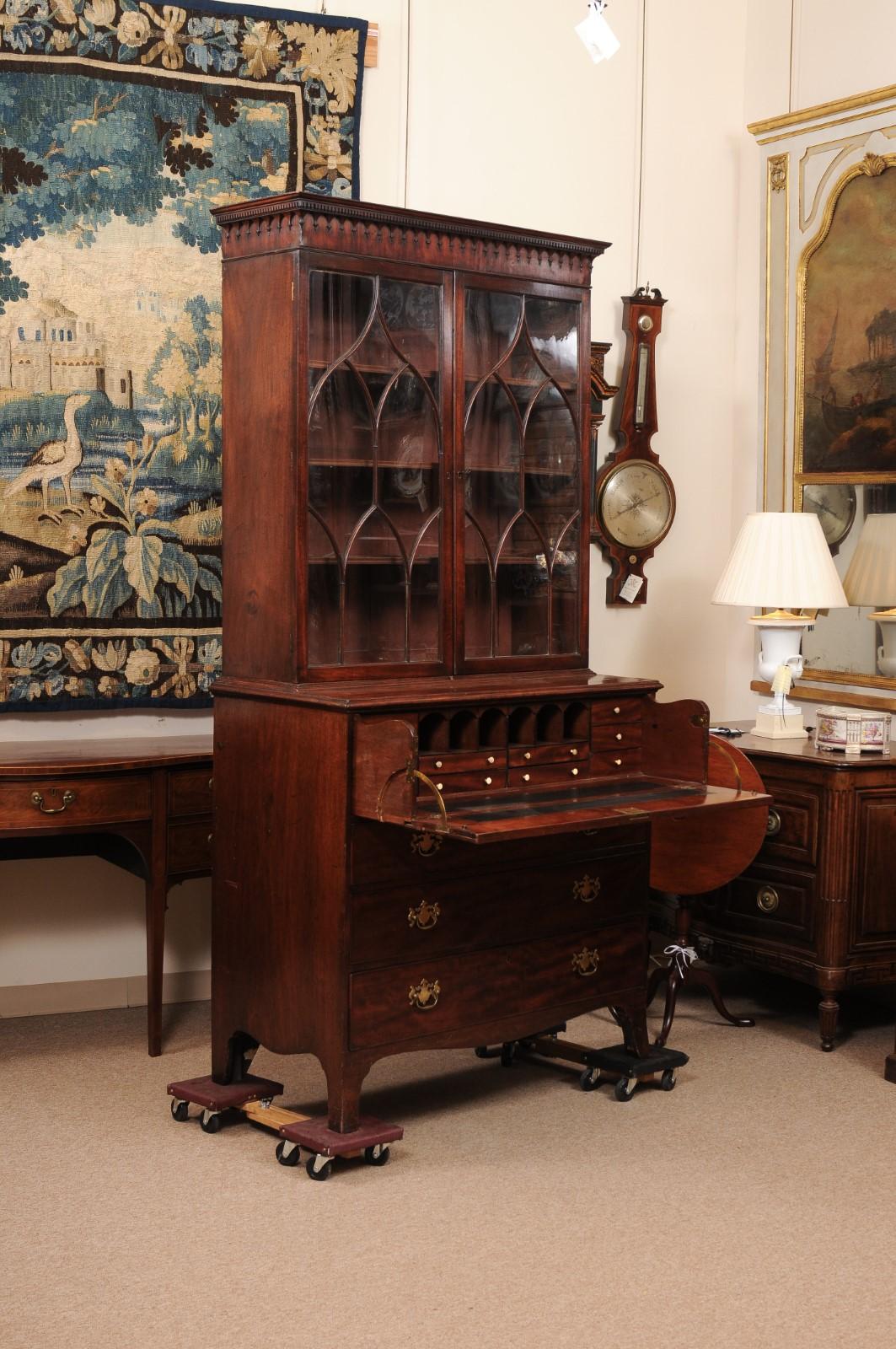 English 19th Century Mahogany Secretary with Dental Moulded Flat Cornince In Fair Condition For Sale In Atlanta, GA