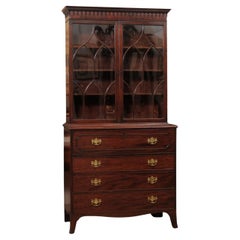 Antique English 19th Century Mahogany Secretary with Dental Moulded Flat Cornince