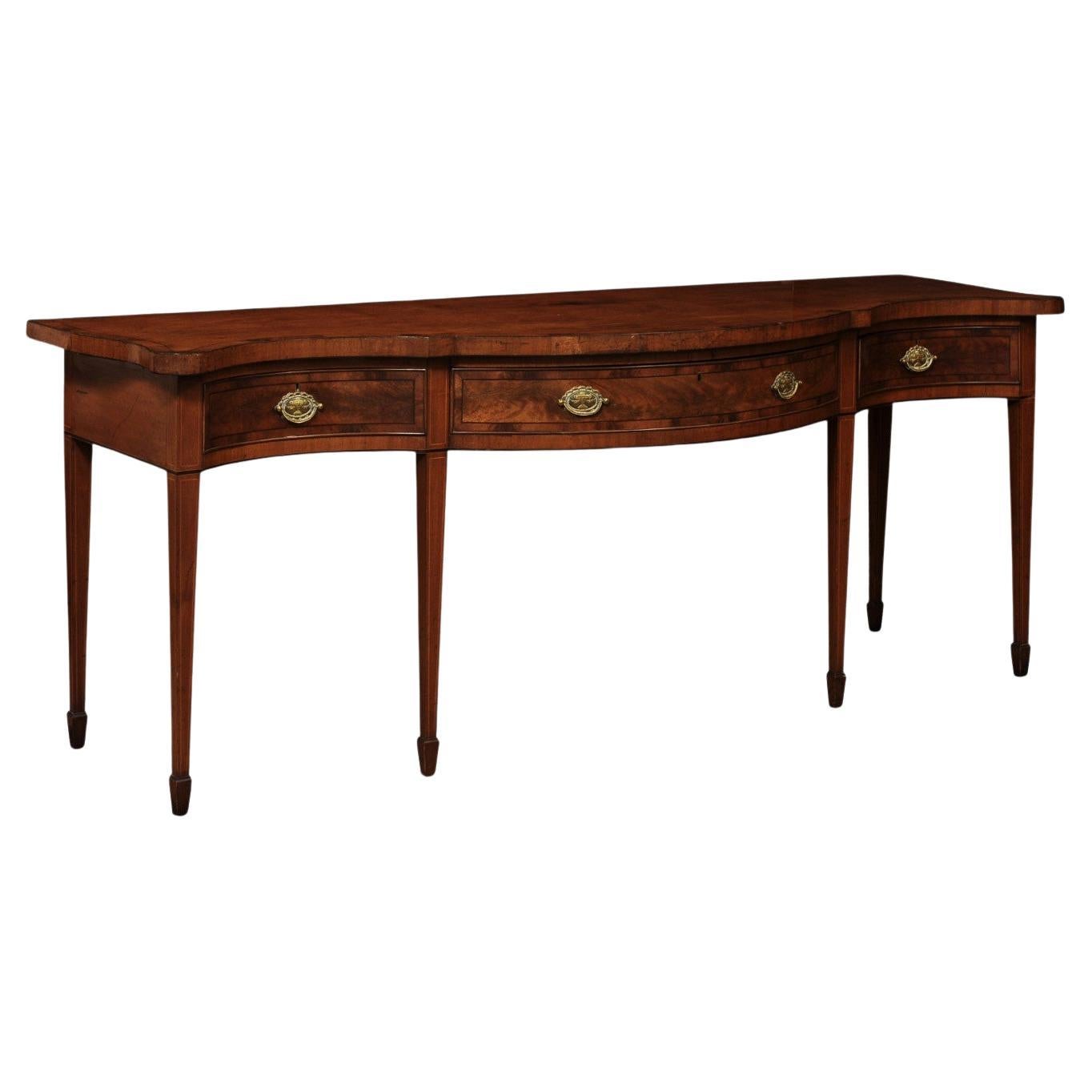 English 19th Century Mahogany Serpentine Front Server Table with 3 Drawers and S For Sale