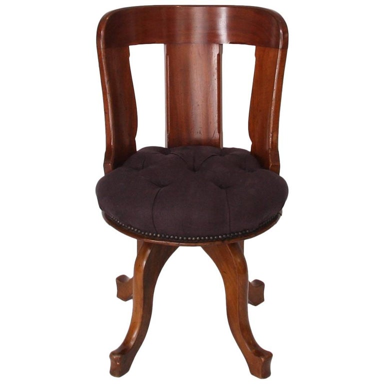 English 19th Century Mahogany Swivel Desk Chair With Upholstered Linen Seat