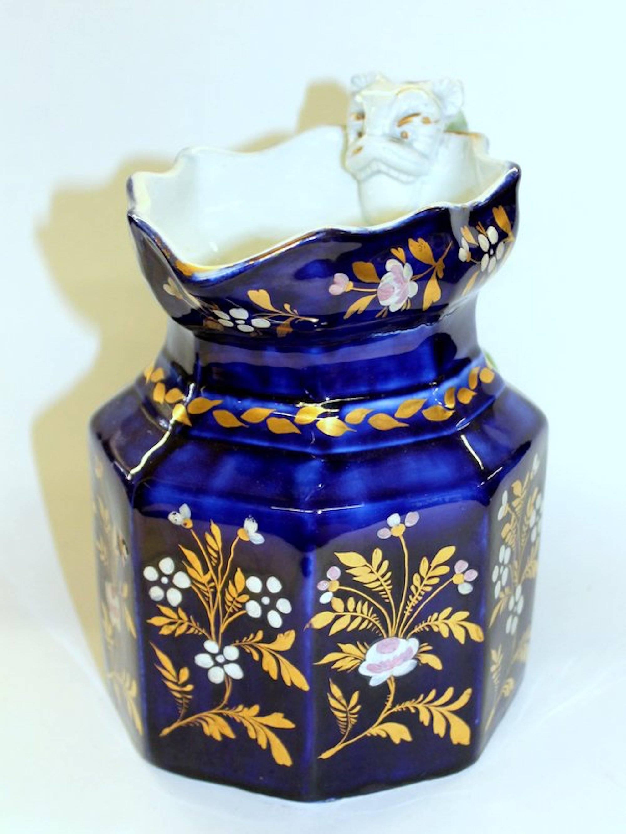 Hand-Painted English 19th Century Mason's Ironstone Cobalt and Gold Fenton Jug or Pitcher