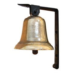 Antique English 19th Century Military Hanging Bell in Cast Bell Metal with Iron Bracket