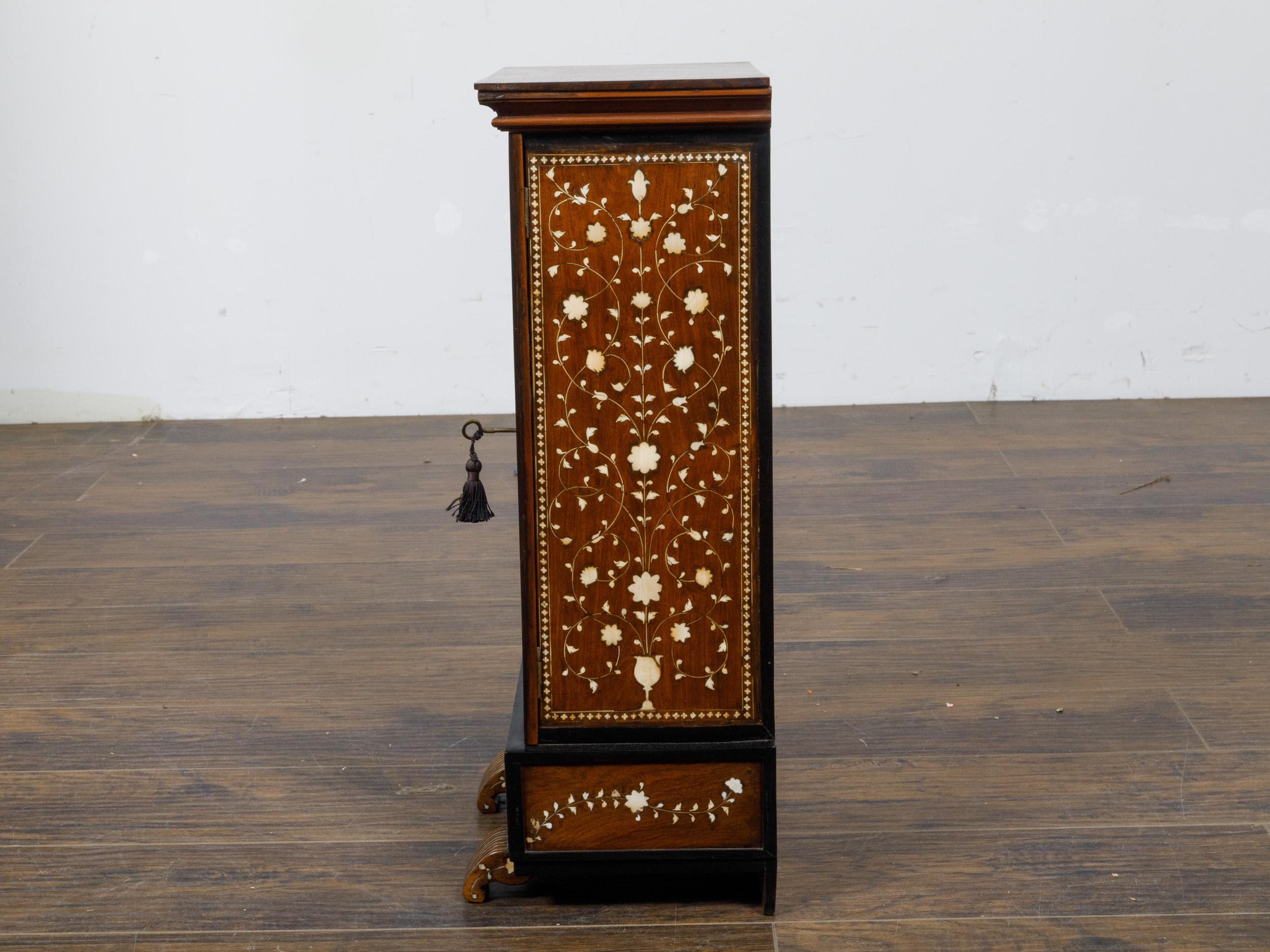 Glass English 19th Century Miniature Cabinet with Scrollwork Inlay and Inner Drawers  For Sale