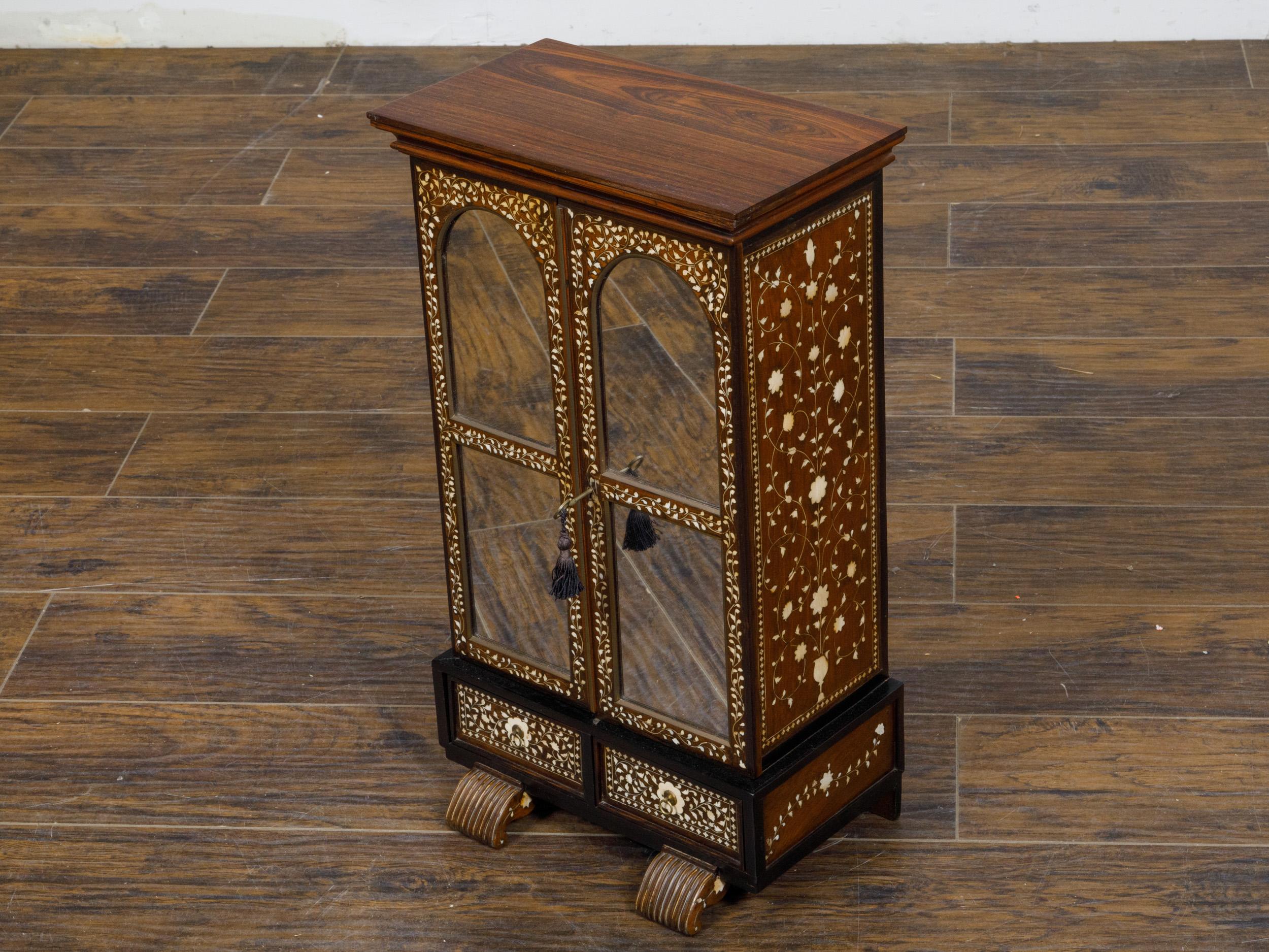 English 19th Century Miniature Cabinet with Scrollwork Inlay and Inner Drawers  For Sale 1