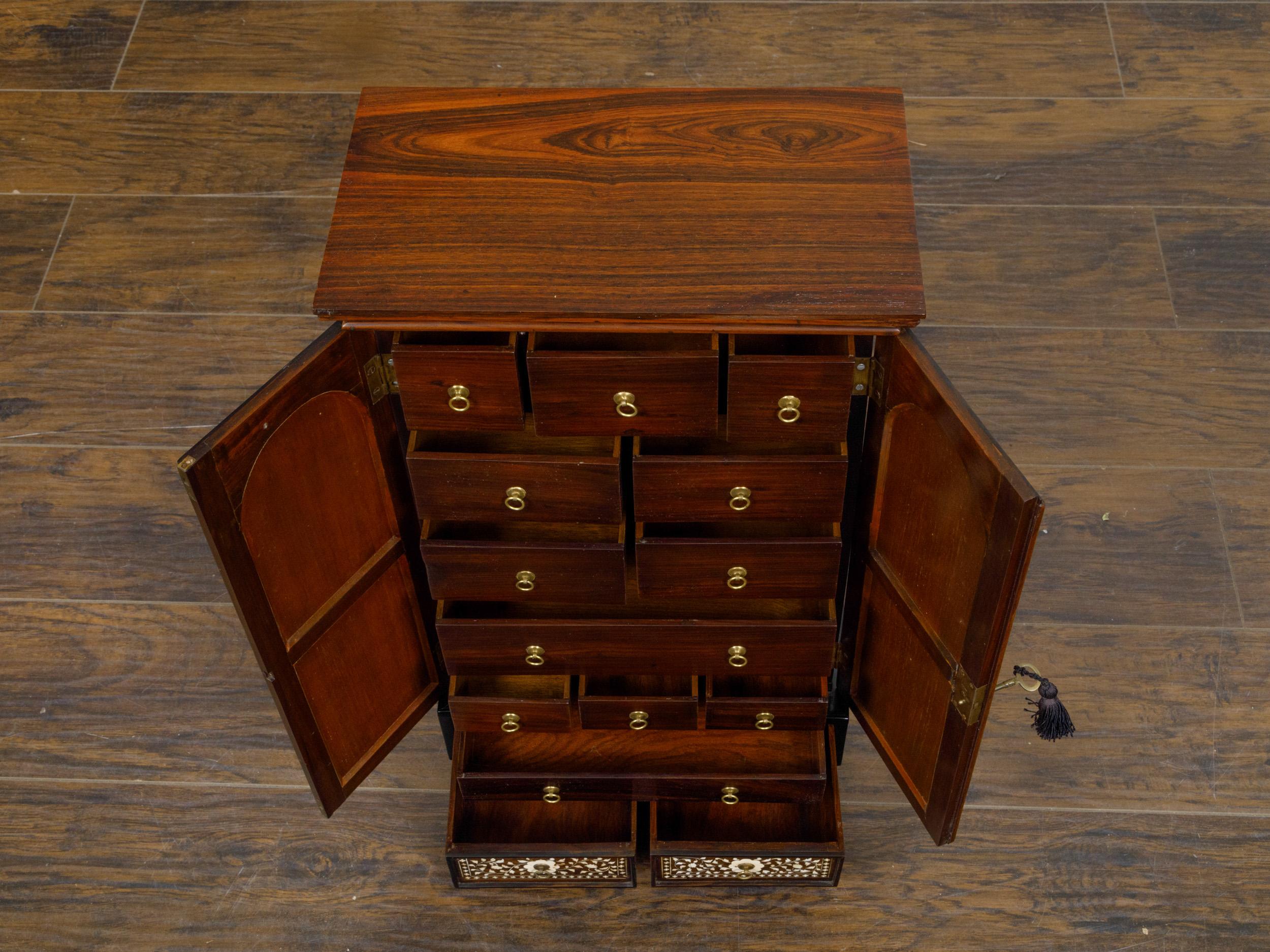English 19th Century Miniature Cabinet with Scrollwork Inlay and Inner Drawers  For Sale 2