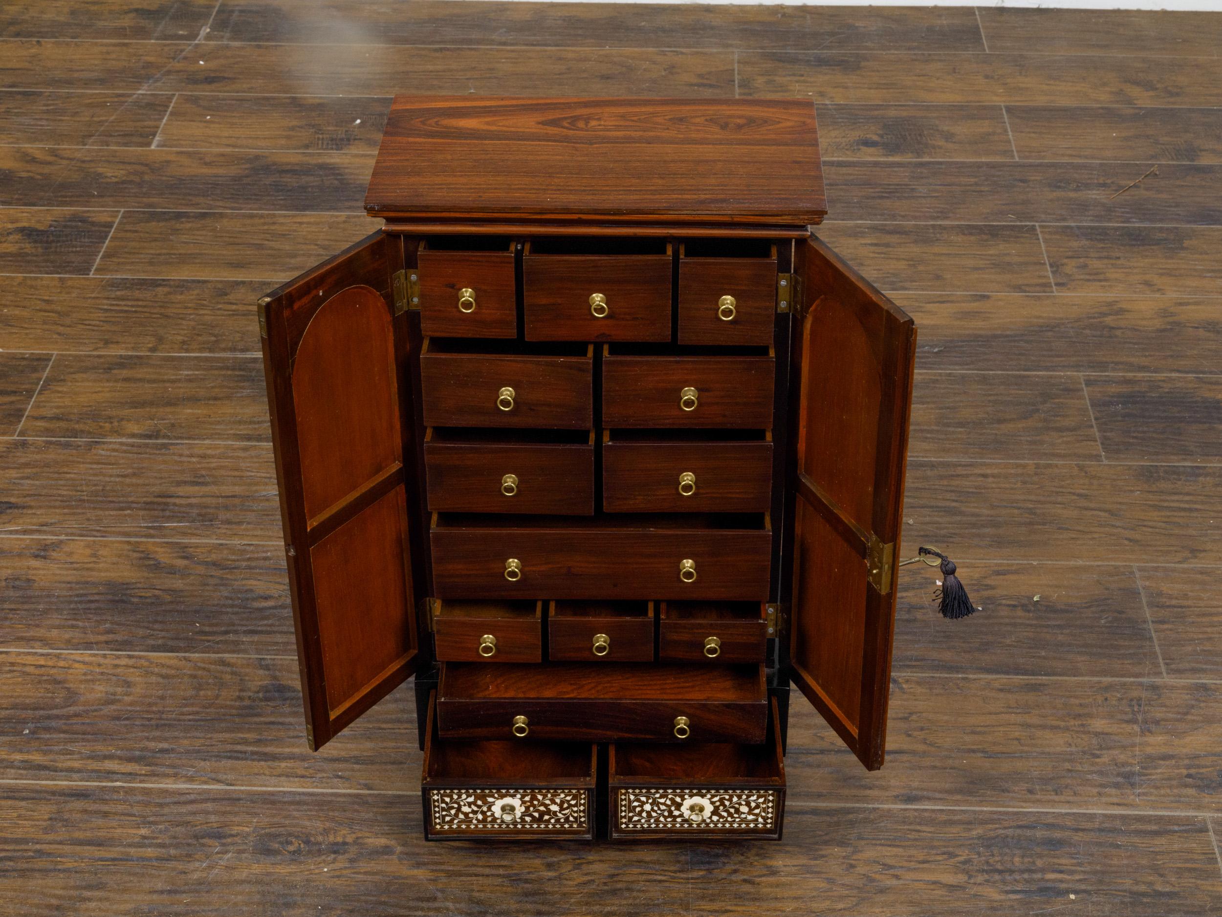English 19th Century Miniature Cabinet with Scrollwork Inlay and Inner Drawers For Sale 3