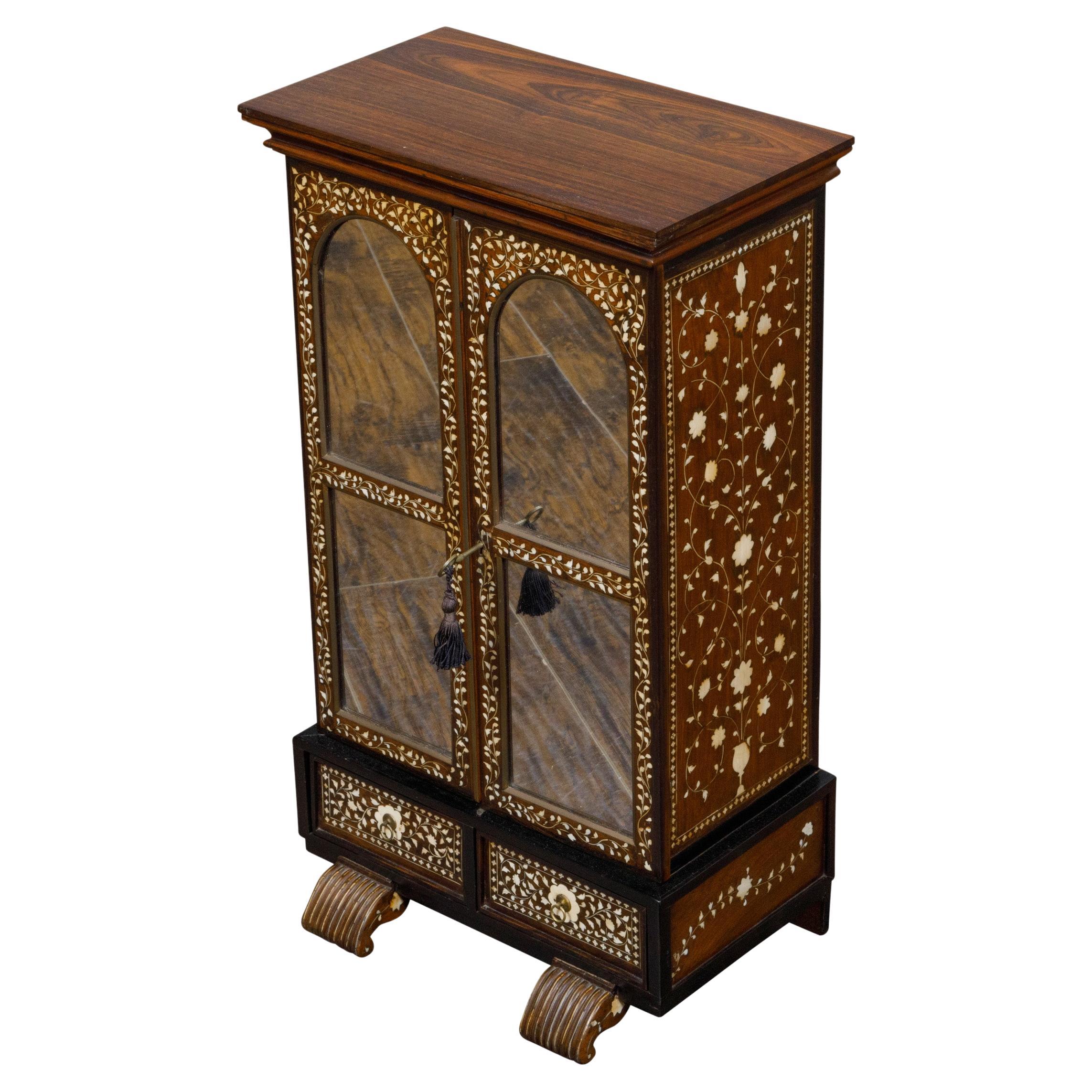 English 19th Century Miniature Cabinet with Scrollwork Inlay and Inner Drawers  For Sale