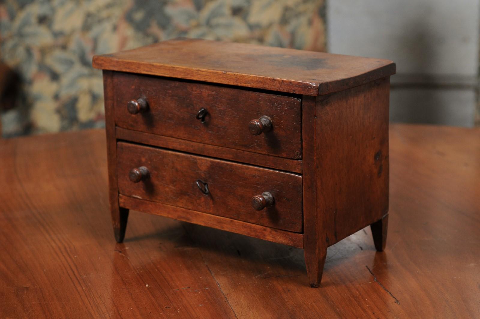 English 19th Century Miniature Walnut Chest with Two Drawers and Brown Patina 8