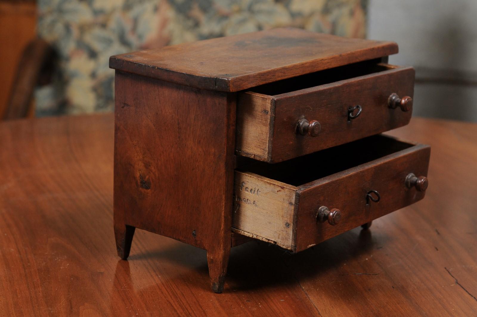 English 19th Century Miniature Walnut Chest with Two Drawers and Brown Patina 1