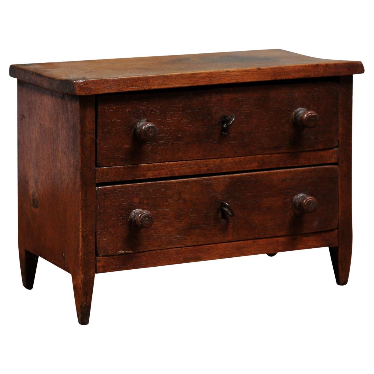 English 19th Century Miniature Walnut Chest with Two Drawers and Brown Patina