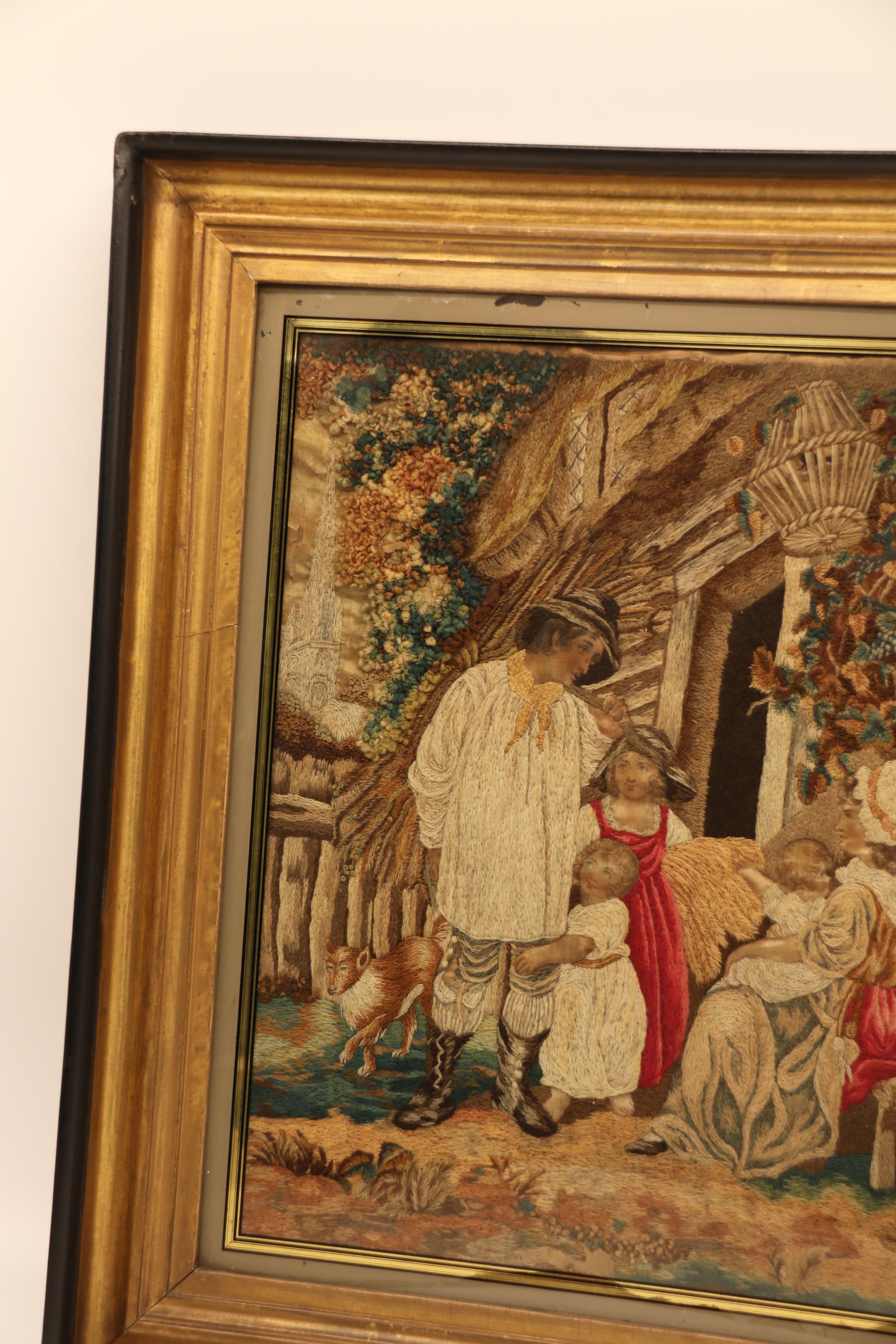 This exceptional needlework dates to the early 19th century and is a master class in the art of needlework. It incorporates many different types of thread and complicated stitches combined with hand painted silk used mainly for the faces and skin.