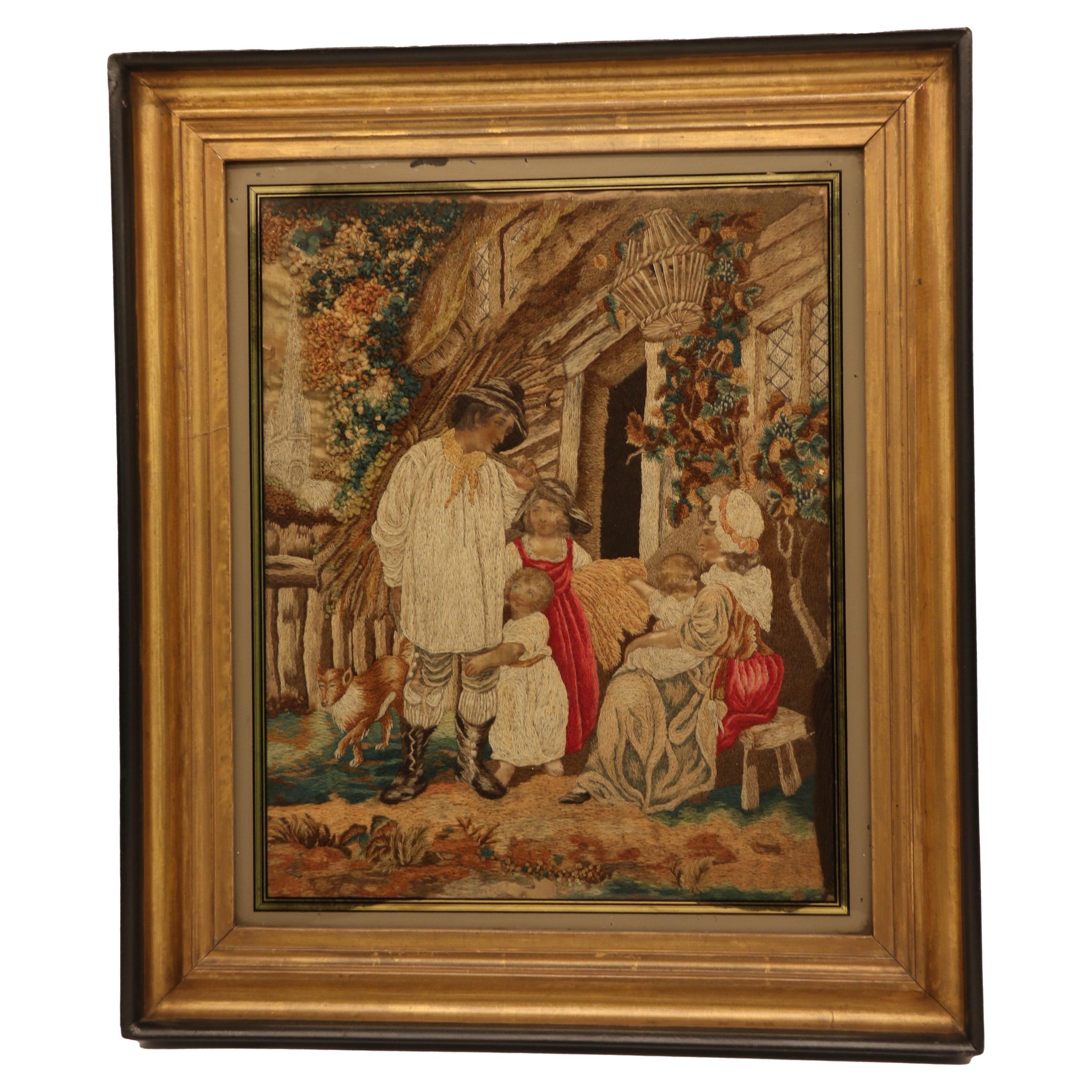 English 19th century needlework and hand painted silk picture, circa 1830 For Sale