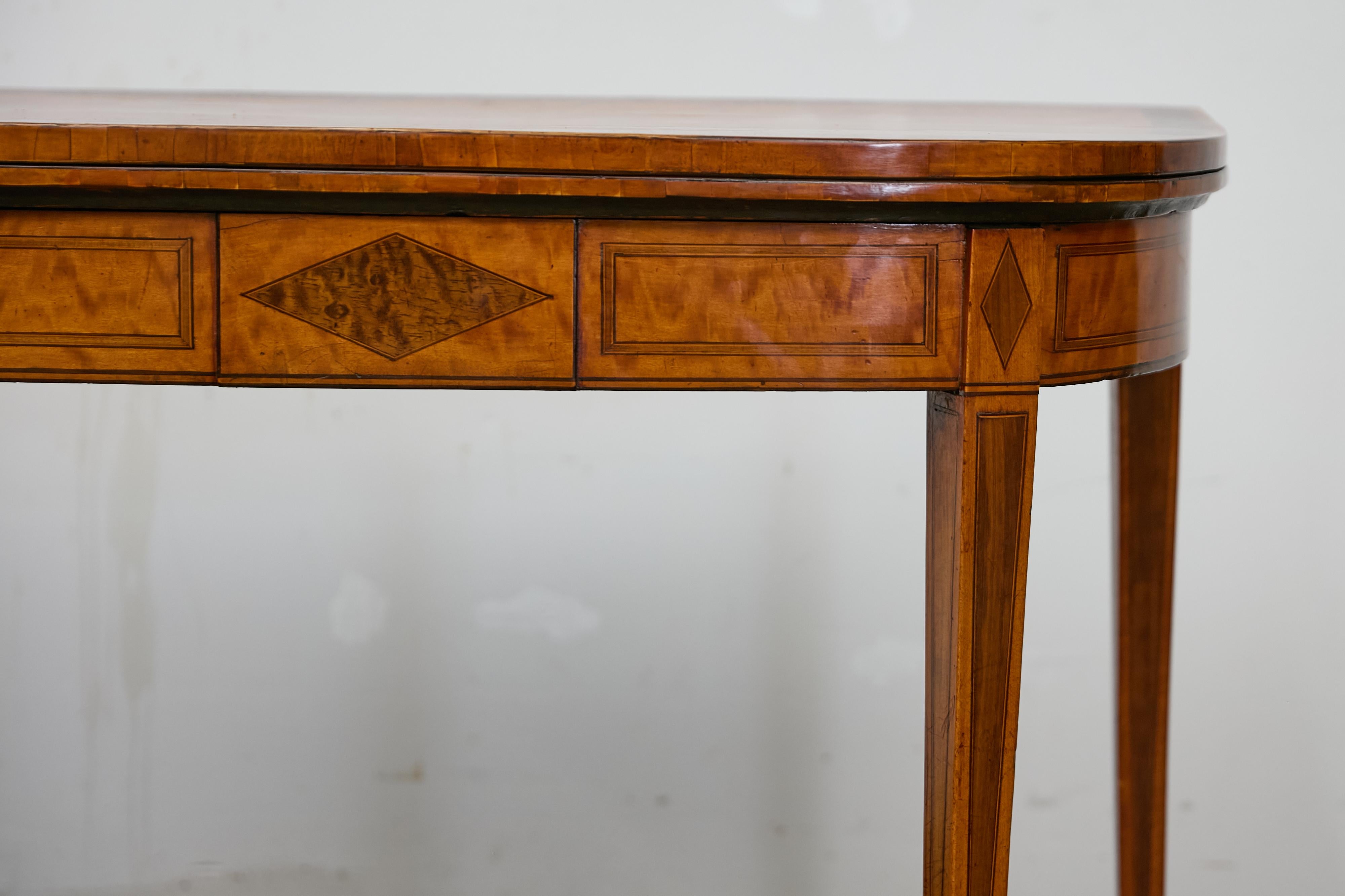 Felt English 19th Century Neoclassical Demi-Lune Game Table with Inlaid Apron For Sale
