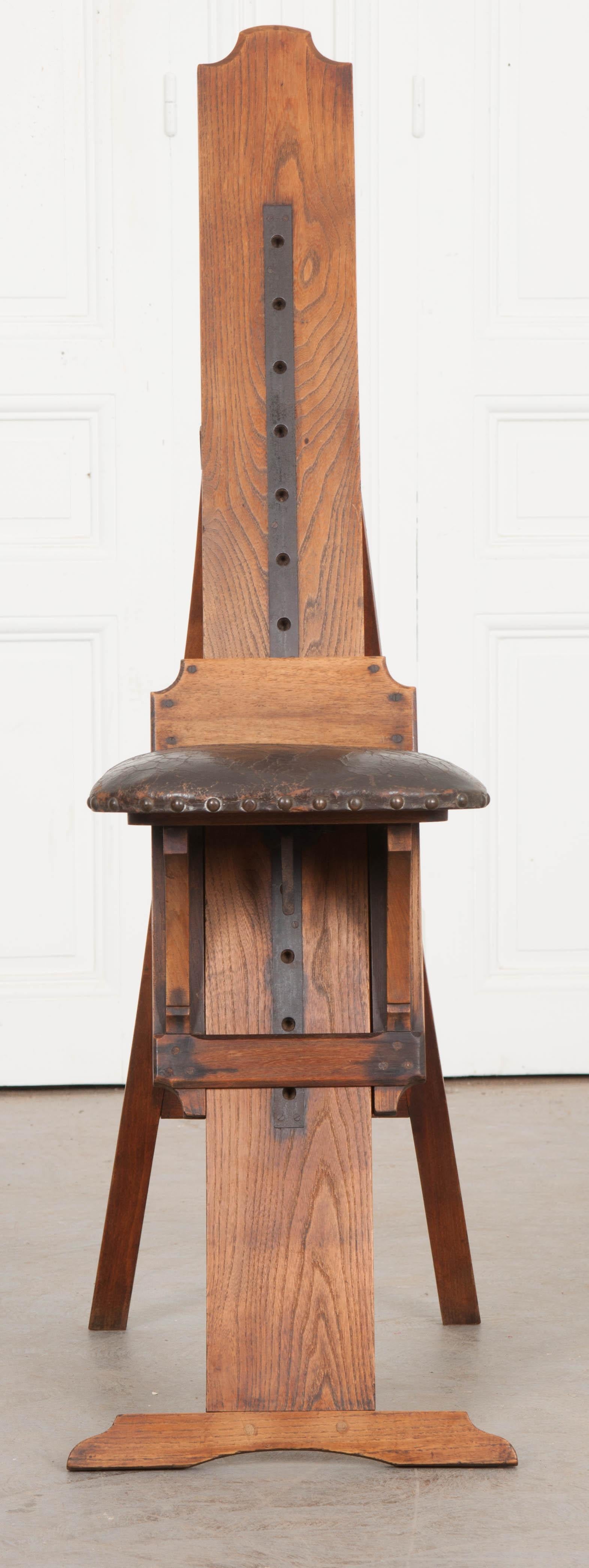 This rare and sturdy oak chair, from England, circa 1870s, would have been used by an artist for seating a model or portrait sitter as the original leather-upholstered seat is adjustable for use at various heights.
Measures: Seat height adjustable
