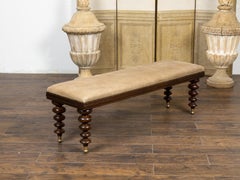 English 19th Century Oak Bench with Spool Turned Legs and Camel Leather Seat