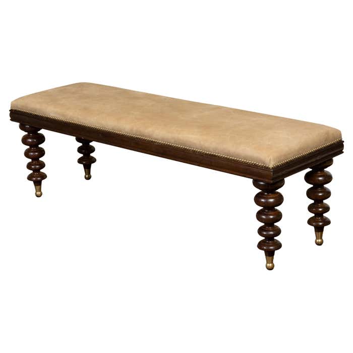 English 19th Century Oak Bench with Spool Turned Legs and Camel Leather ...