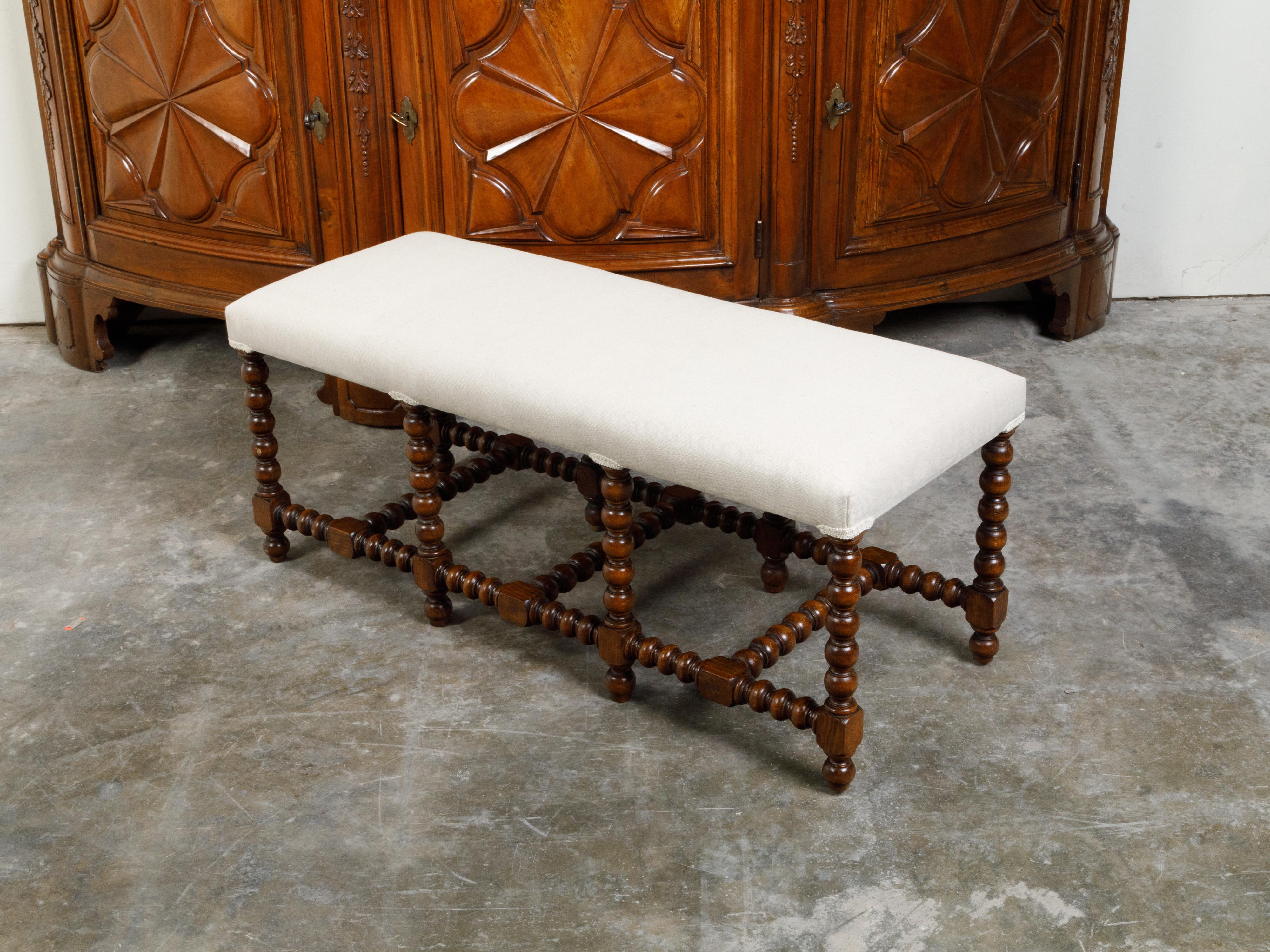 English 19th Century Oak Bobbin Leg Bench with New Upholstery 3