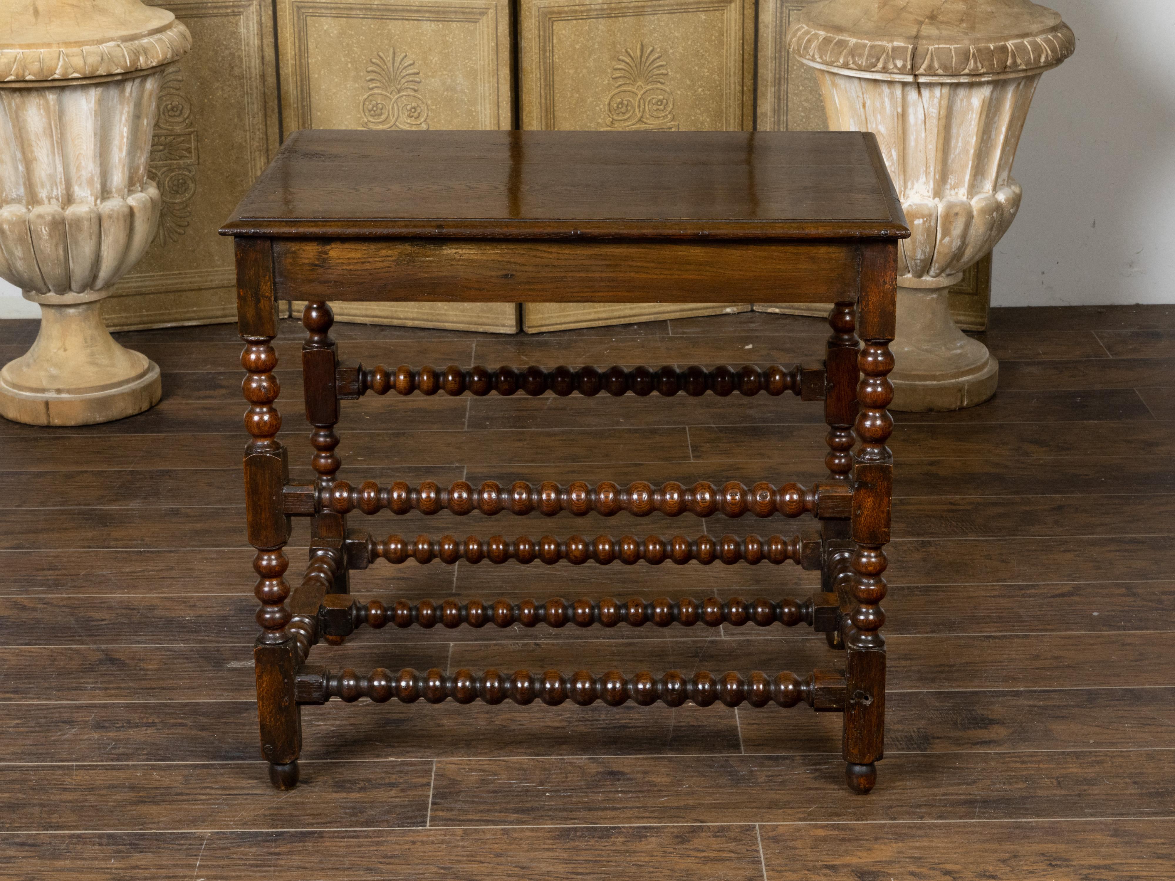 Turned English 19th Century Oak Bobbin Leg Table with Single Drawer and Cross Stretcher For Sale
