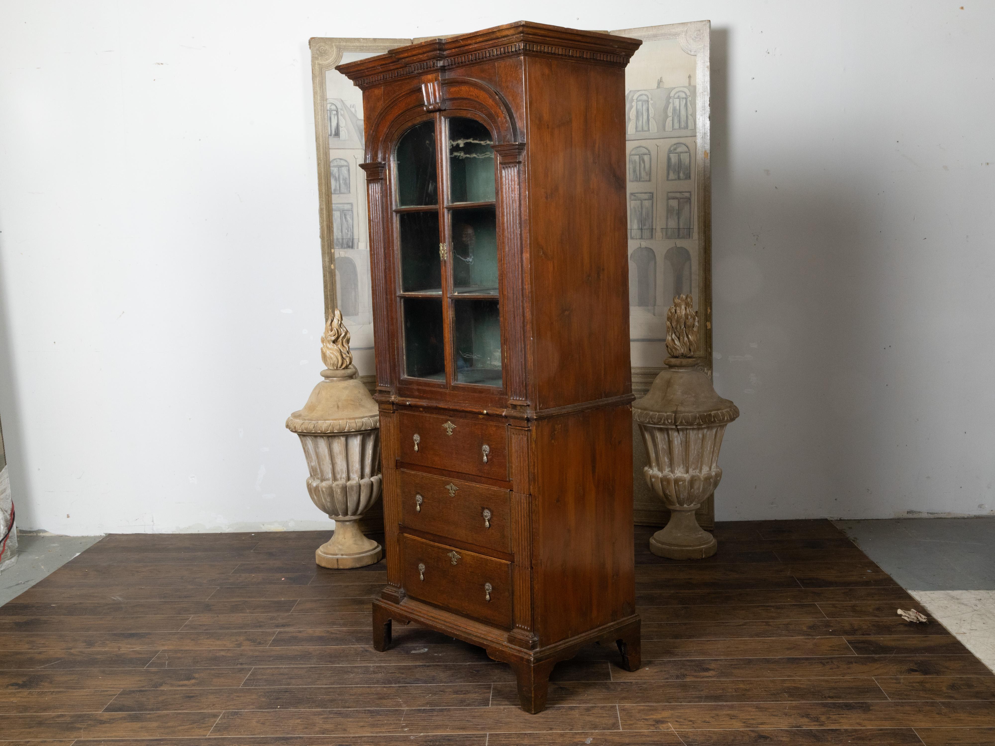 Carved English 19th Century Oak Bookcase with Glass Doors, Drawers and Pilasters For Sale