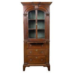 Antique English 19th Century Oak Bookcase with Glass Doors, Drawers and Pilasters